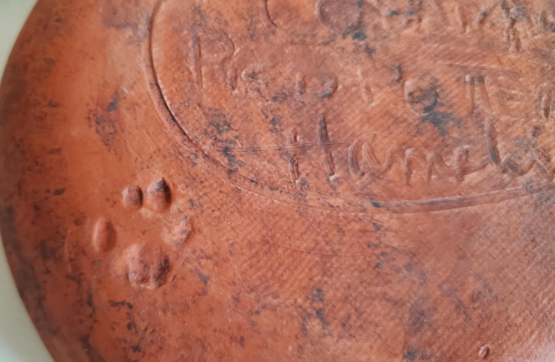 Redware 9 in. Plate, Heart Motif, Antiqued, Lead Free Glaze