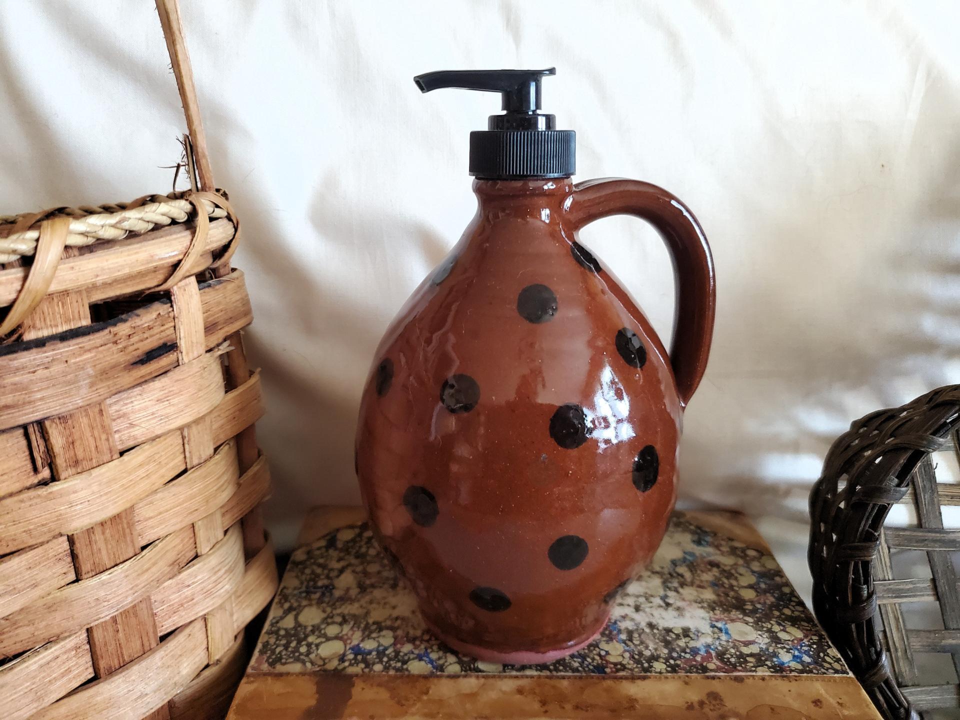 Redware Soap or Lotion Dispenser Jug with Black Dots