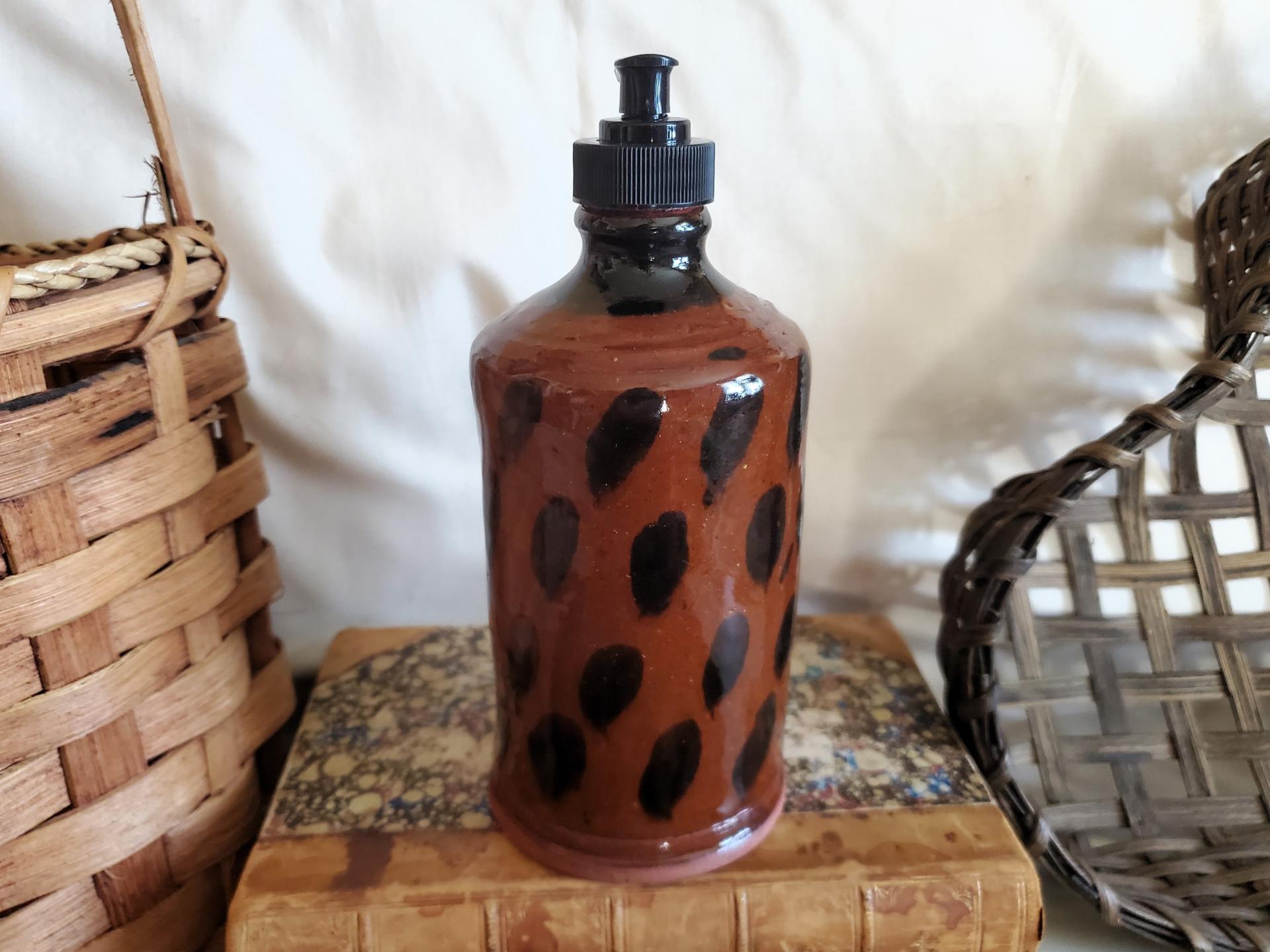 Redware Soap or Lotion Dispenser Bottle with Black Dapples
