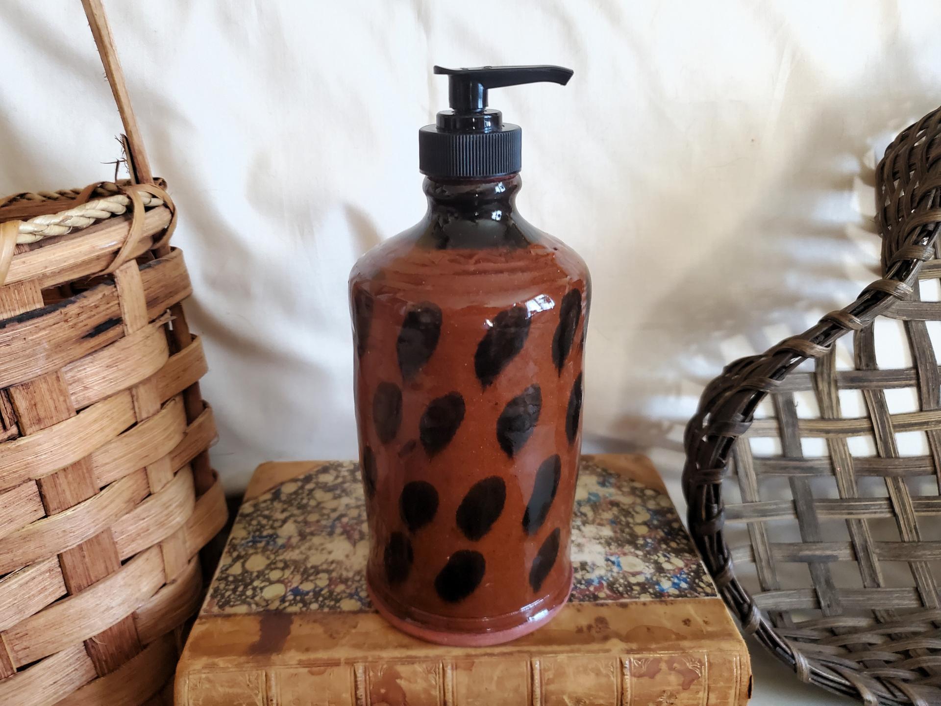 Redware Soap or Lotion Dispenser Bottle with Black Dapples