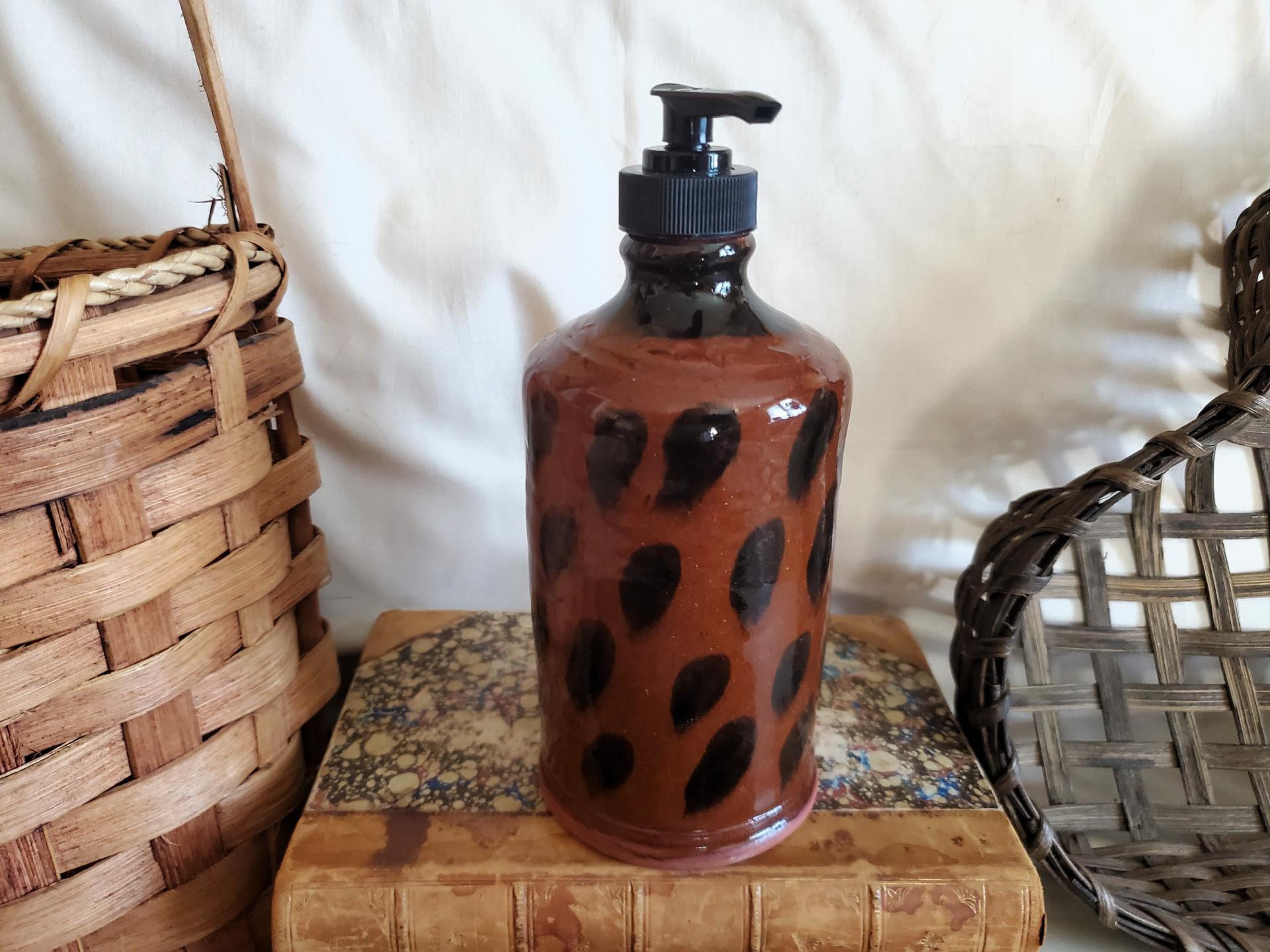 Redware Soap or Lotion Dispenser Bottle with Black Dapples