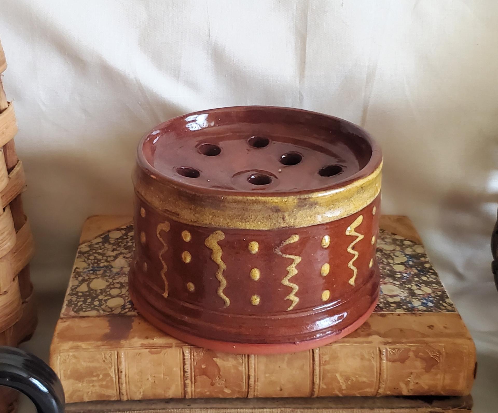  Handmade Redware Soap Dish with Squiggles and Dots Pattern