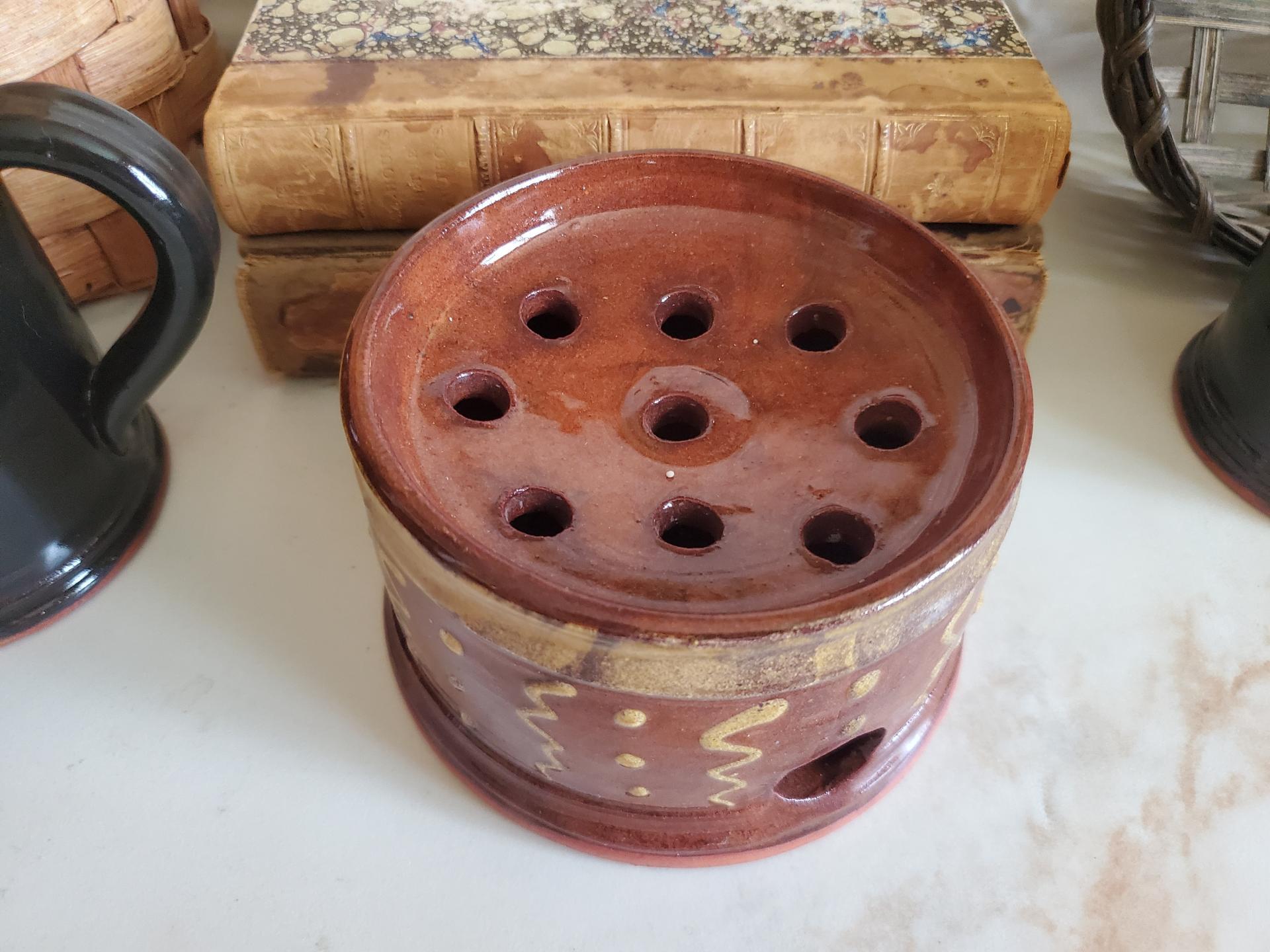  Handmade Redware Soap Dish with Squiggles and Dots Pattern