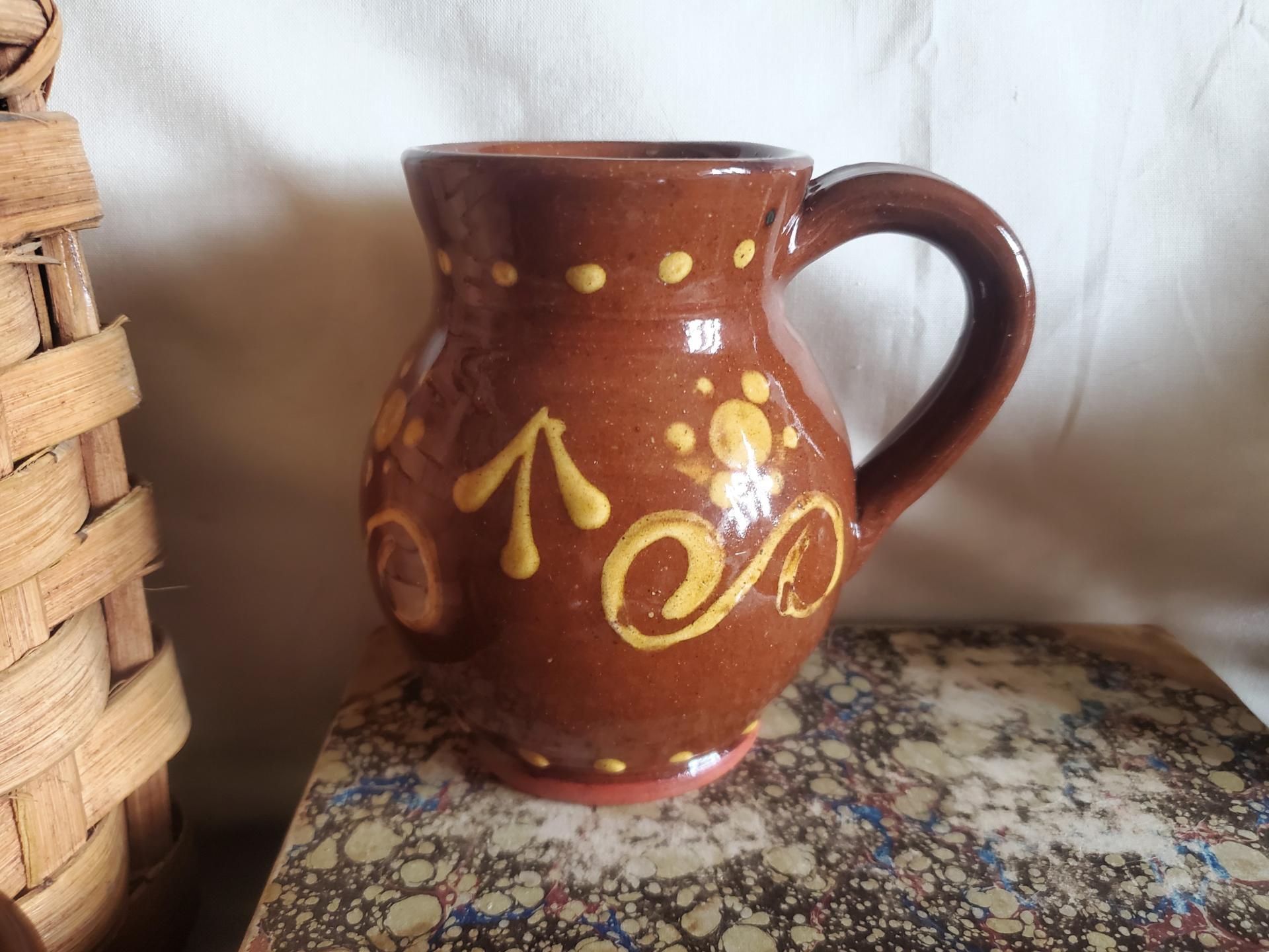 Redware Mug with Slip Pattern, Handmade
