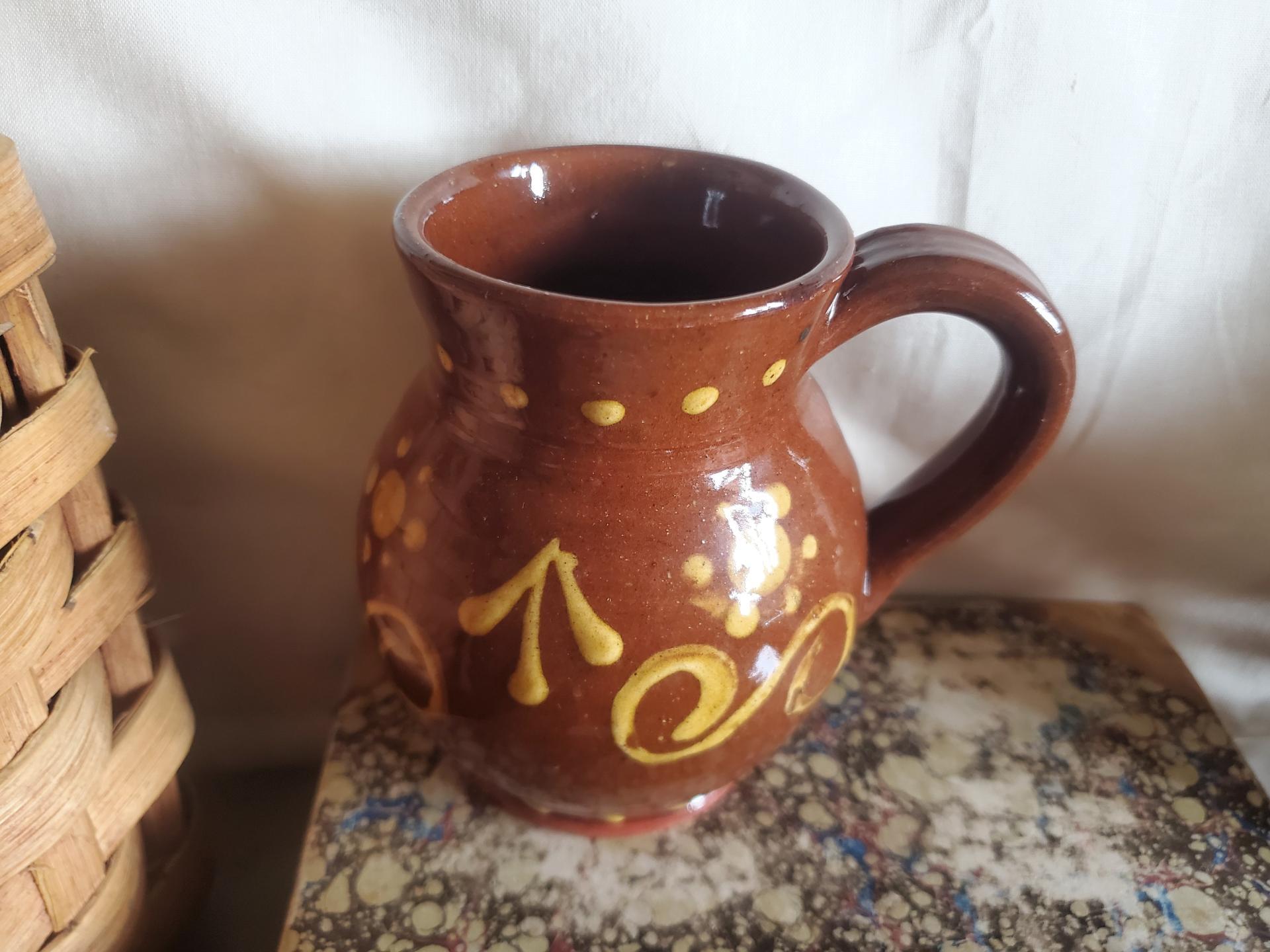 Redware Mug with Slip Pattern, Handmade