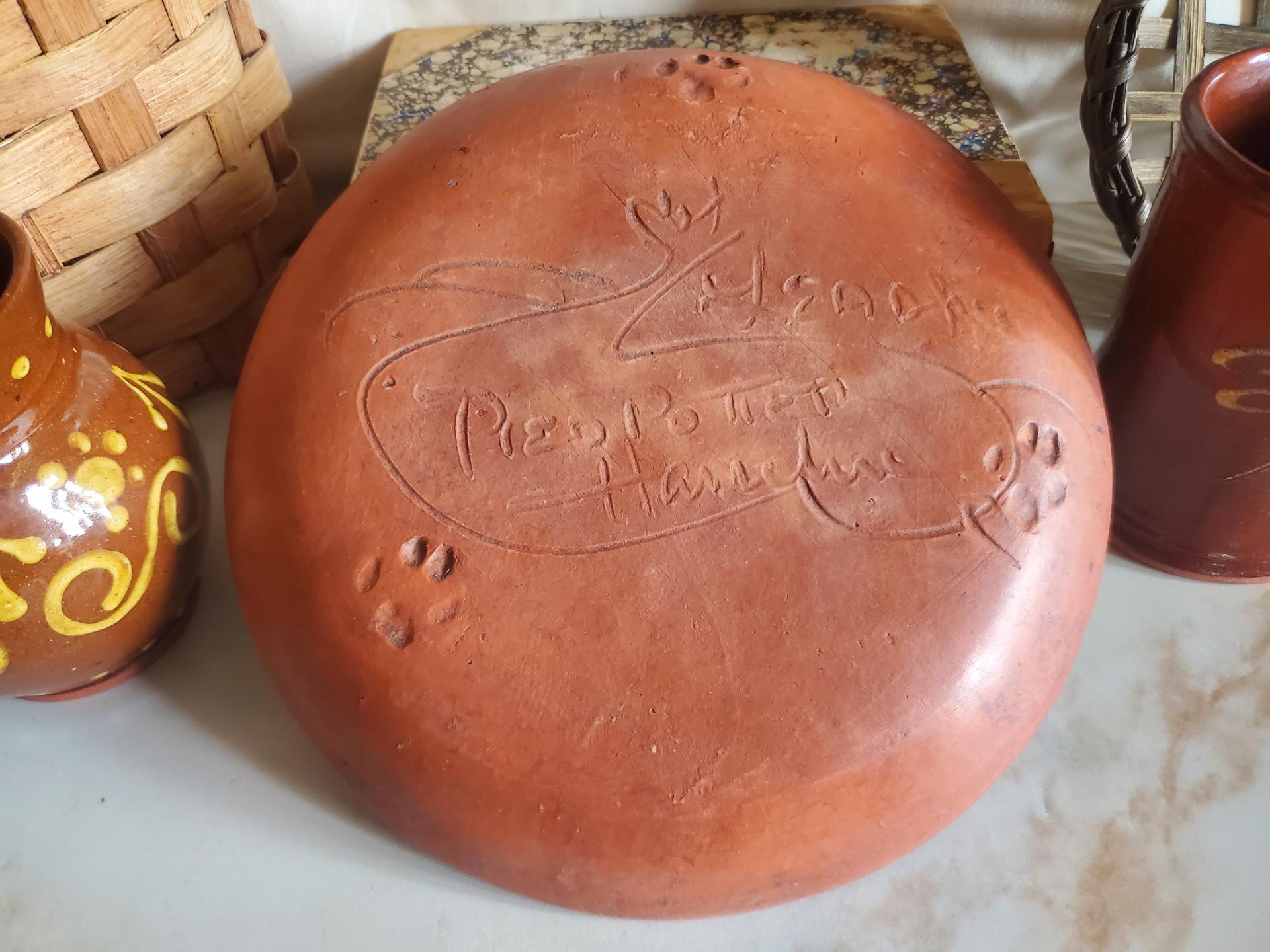 Redware 9 in. Plate, One-of-a-Kind Traditional Motif, Antiqued