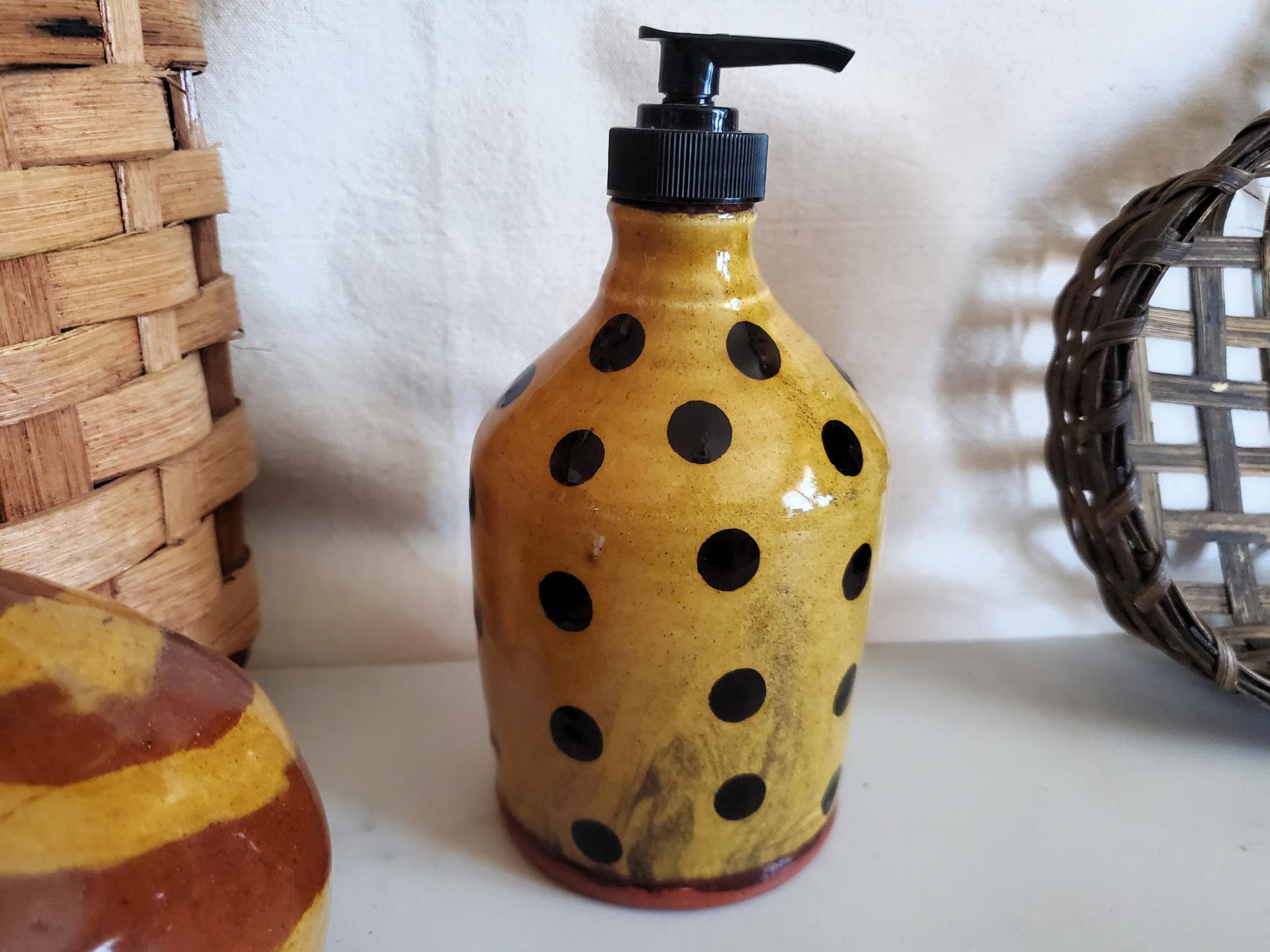 Redware Soap or Lotion Dispenser Bottle with Black Dots