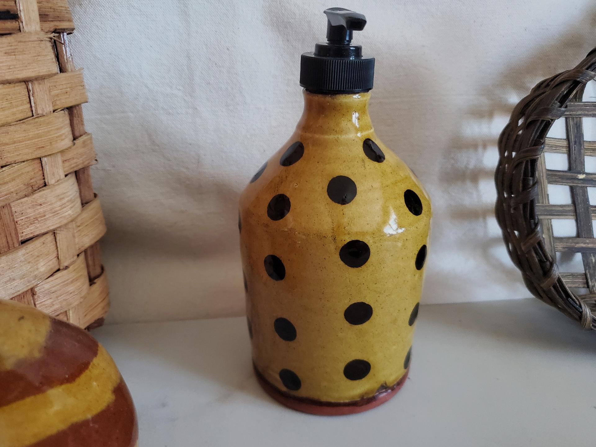 Redware Soap or Lotion Dispenser Bottle with Black Dots