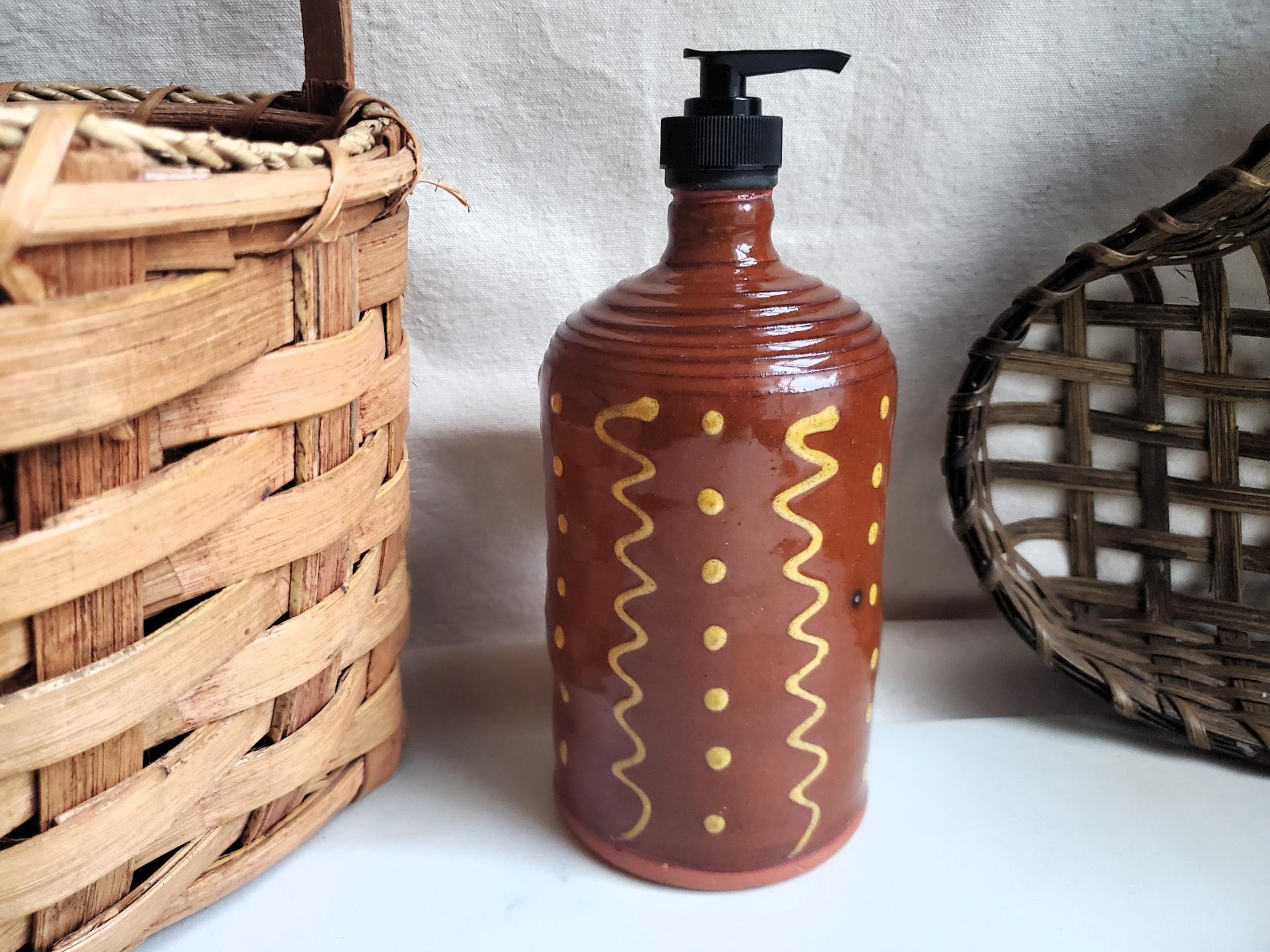 Large Redware Soap or Lotion Dispenser Bottle with Squiggles and Dots