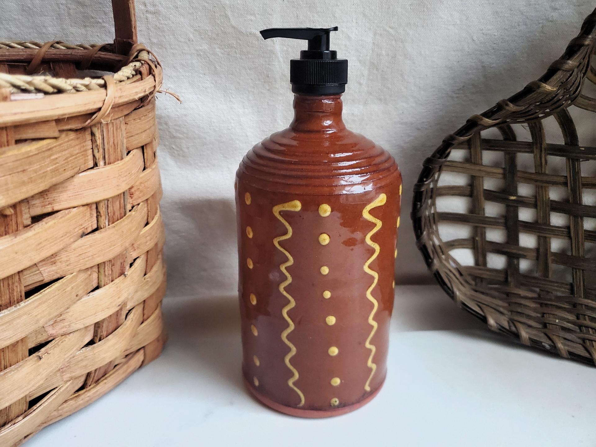 Large Redware Soap or Lotion Dispenser Bottle with Squiggles and Dots