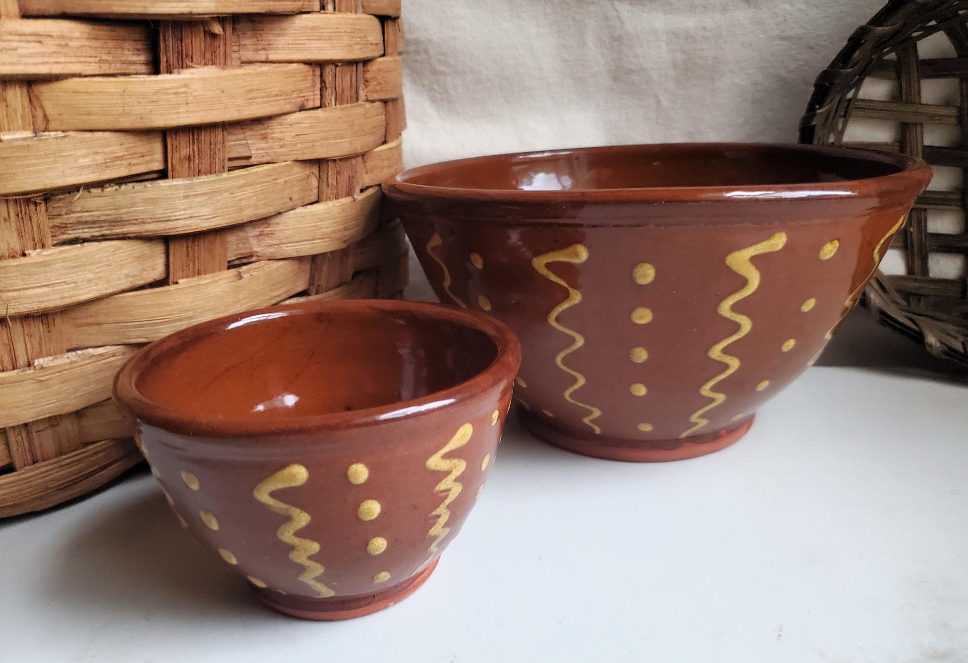 Redware Nesting Bowls (2), Squiggles and Dots Pattern, Antique Finish