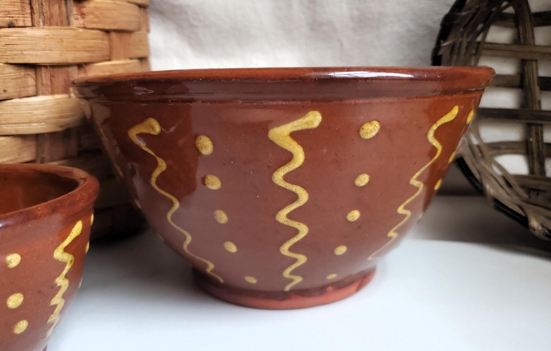 Redware Nesting Bowls (2), Squiggles and Dots Pattern, Antique Finish