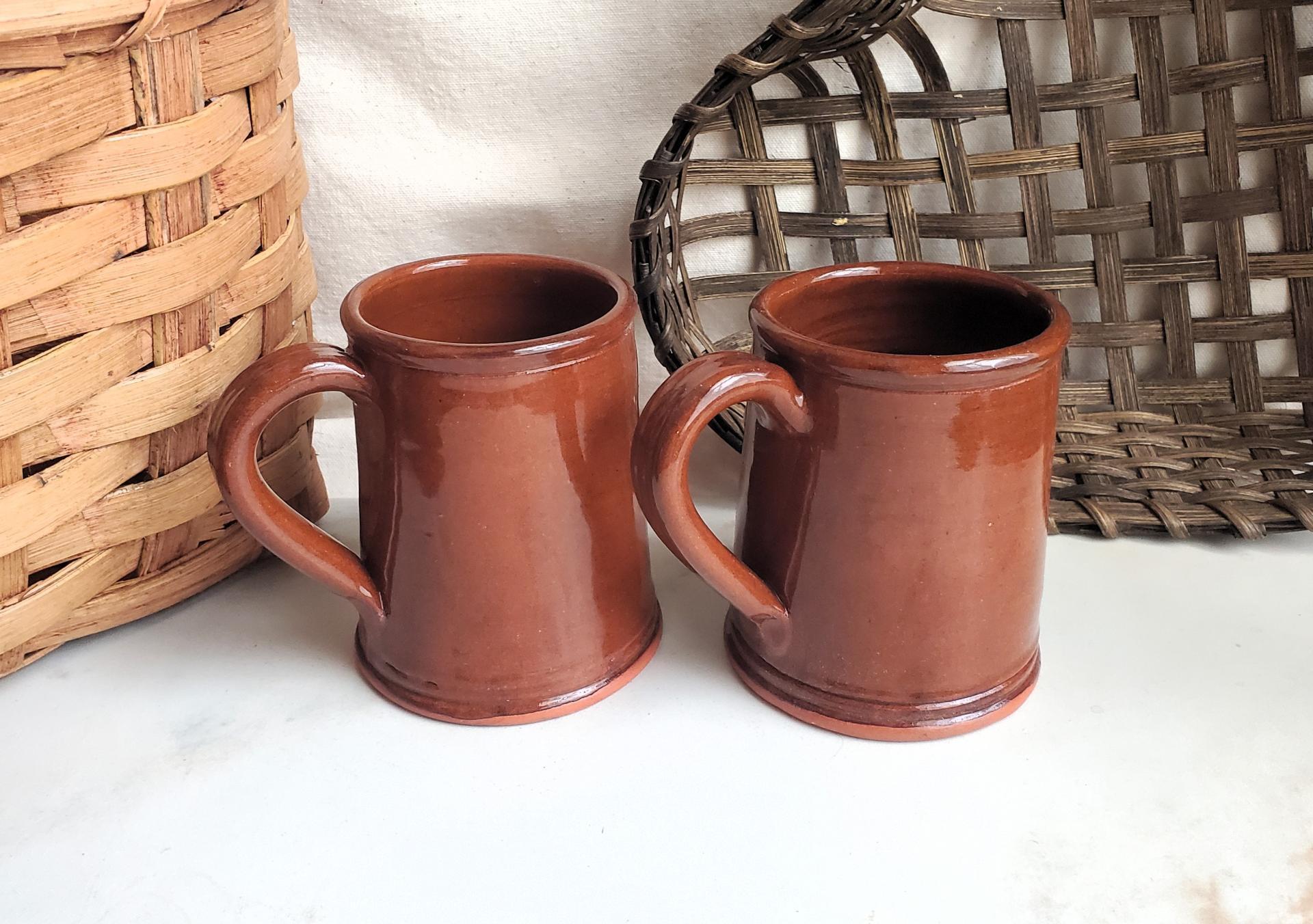Two Slip-Decorated Redware Mugs with Feather Motif (a)
