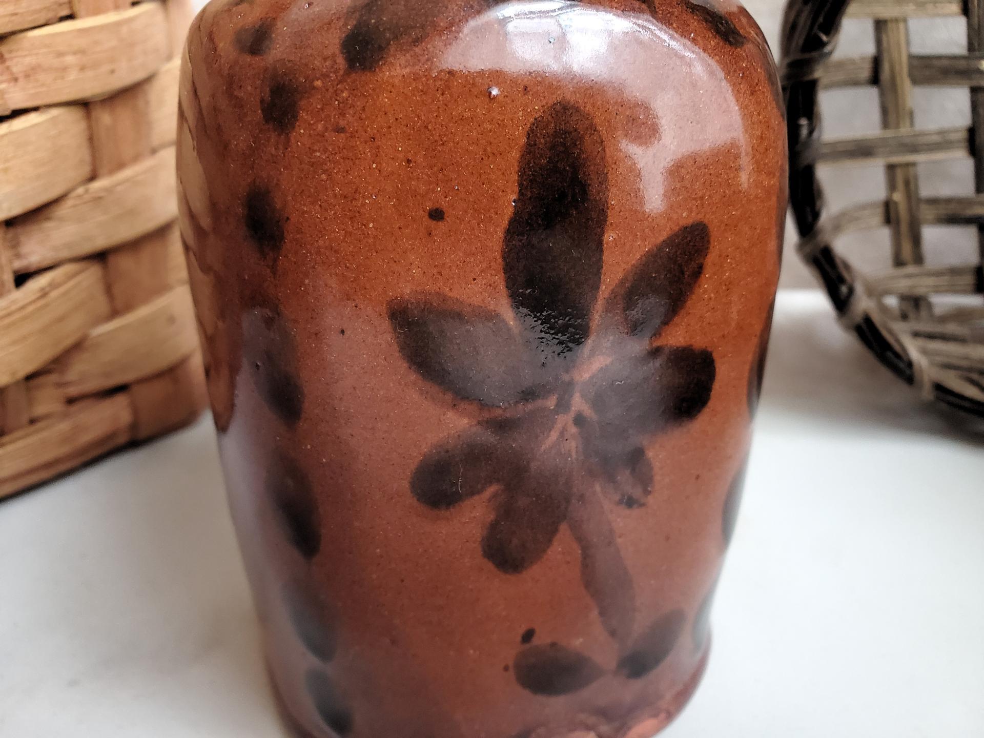 Redware Bottle and Stopper with Black Floral Motif and Square Bottom