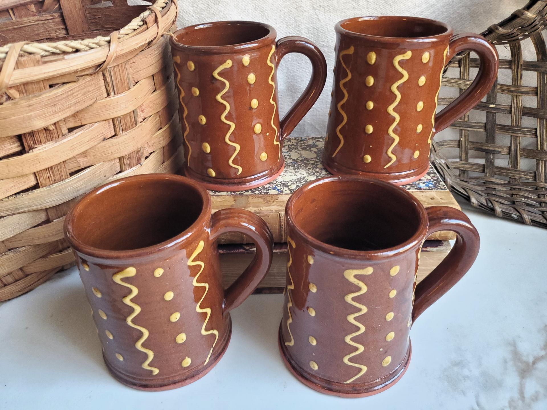 Slip-Decorated Redware (4) Mugs with Squiggles and Dots Pattern