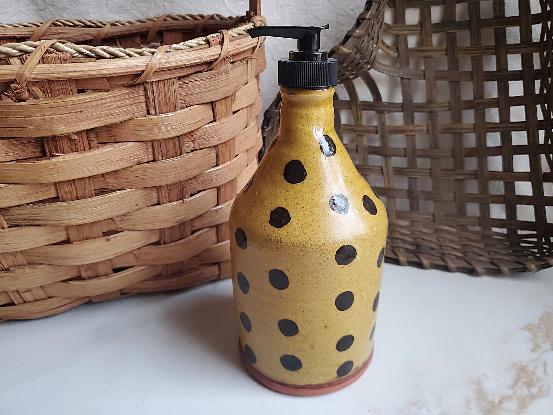 Redware Soap or Lotion Dispenser Bottle, Large Size with Black Dots