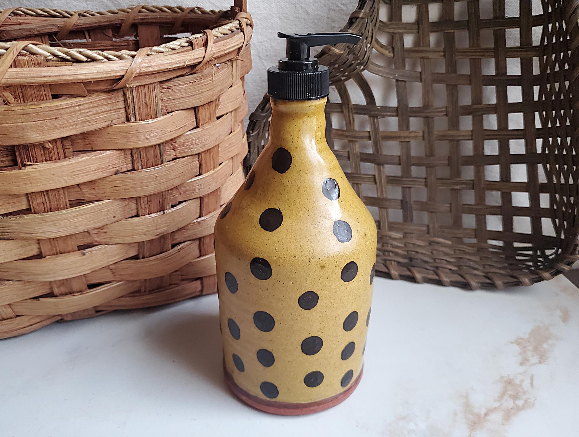 Redware Soap or Lotion Dispenser Bottle, Large Size with Black Dots