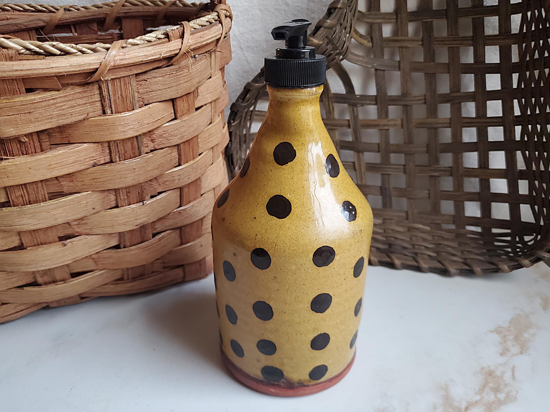 Redware Soap or Lotion Dispenser Bottle, Large Size with Black Dots