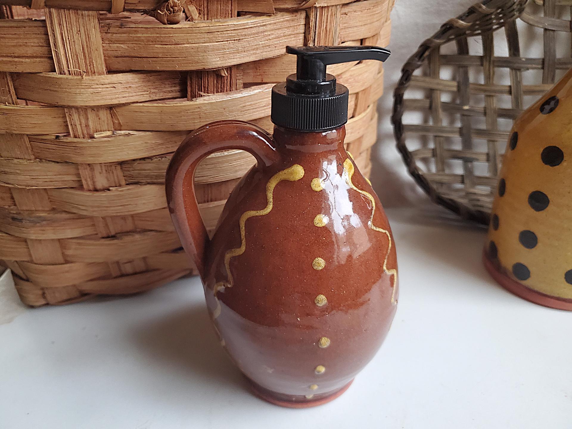 Redware Soap/Lotion Dispenser Jug with Squiggles and Dots Pattern
