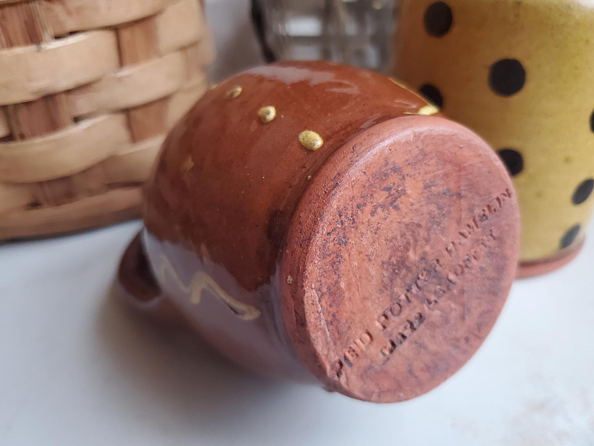 Redware Soap/Lotion Dispenser Jug with Squiggles and Dots Pattern