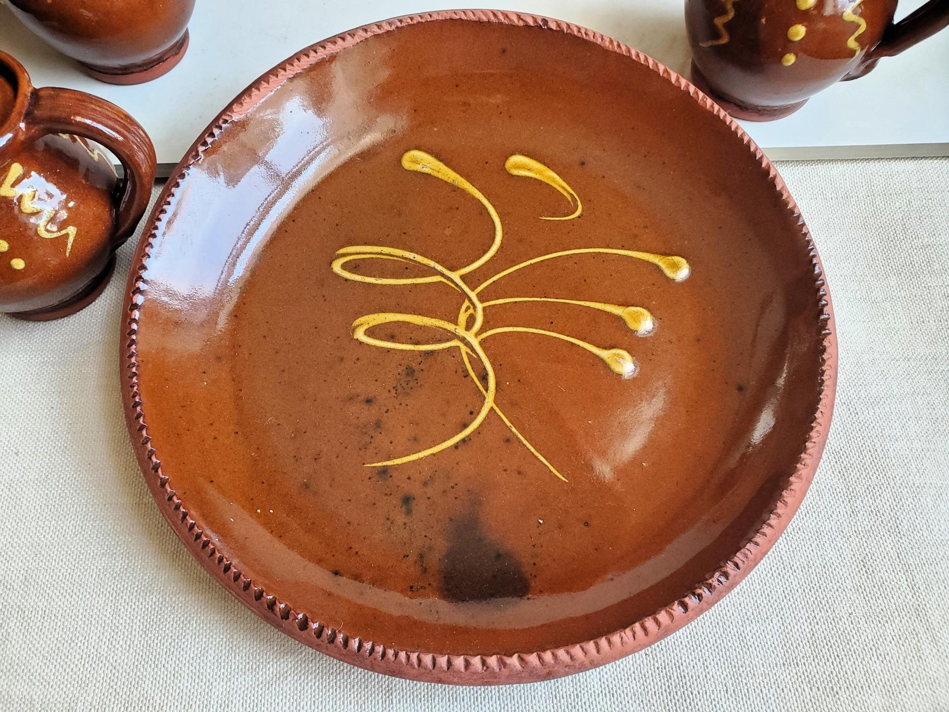  Slip-Decorated Redware 11 in. Plate with Feather Motif