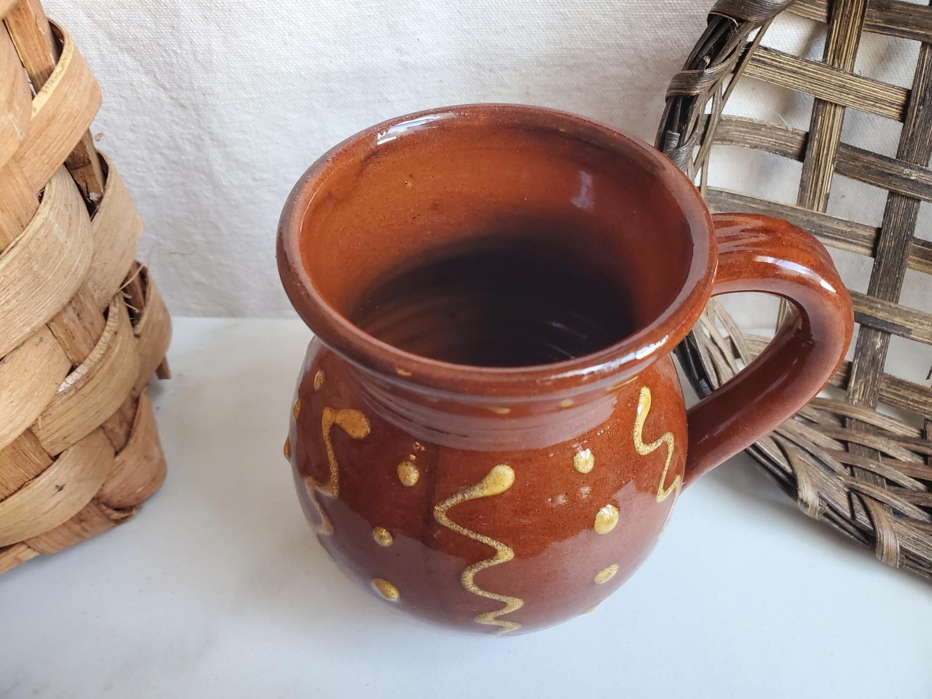 Slip-Decorated Redware Mug with Squiggles and Dots Pattern