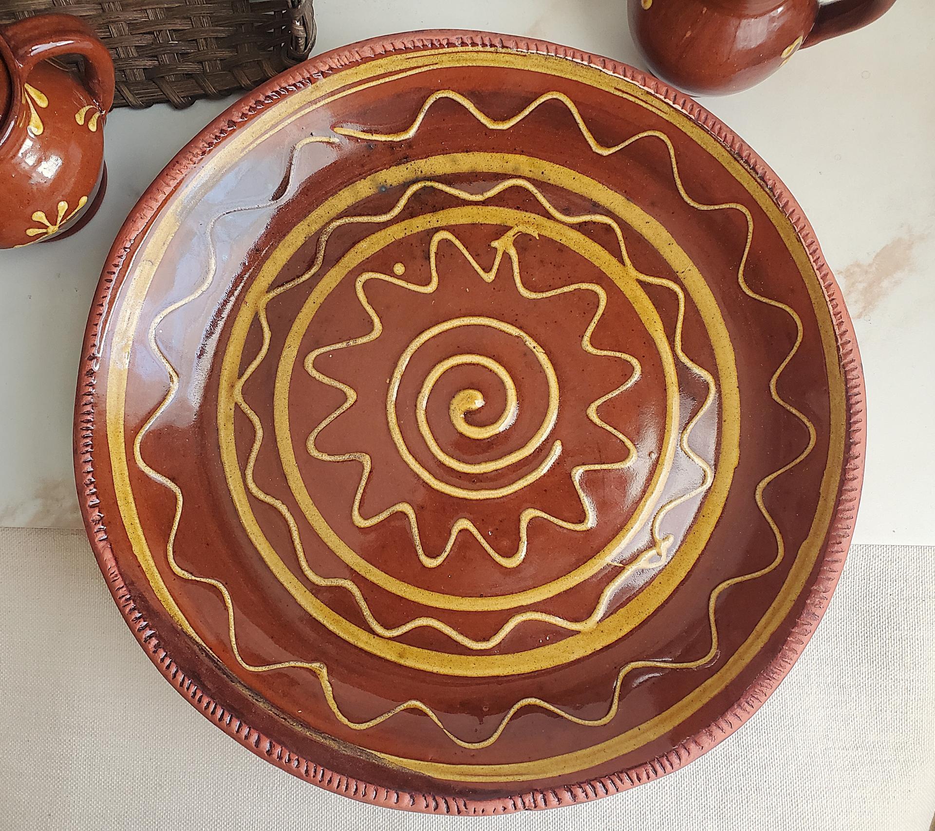Large Redware Platter, Charger with Slip-Decorated Traditional Pattern