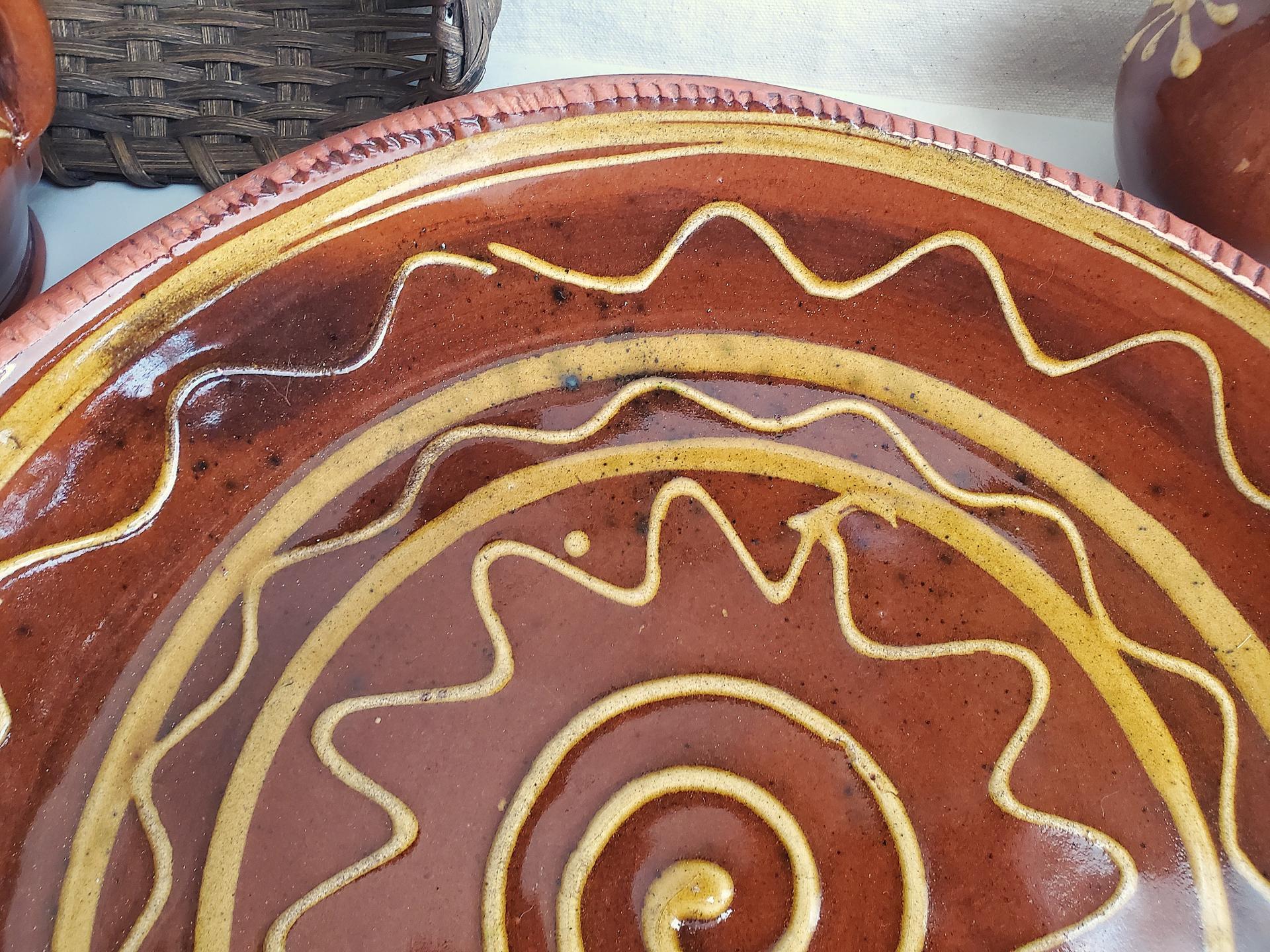 Large Redware Platter, Charger with Slip-Decorated Traditional Pattern