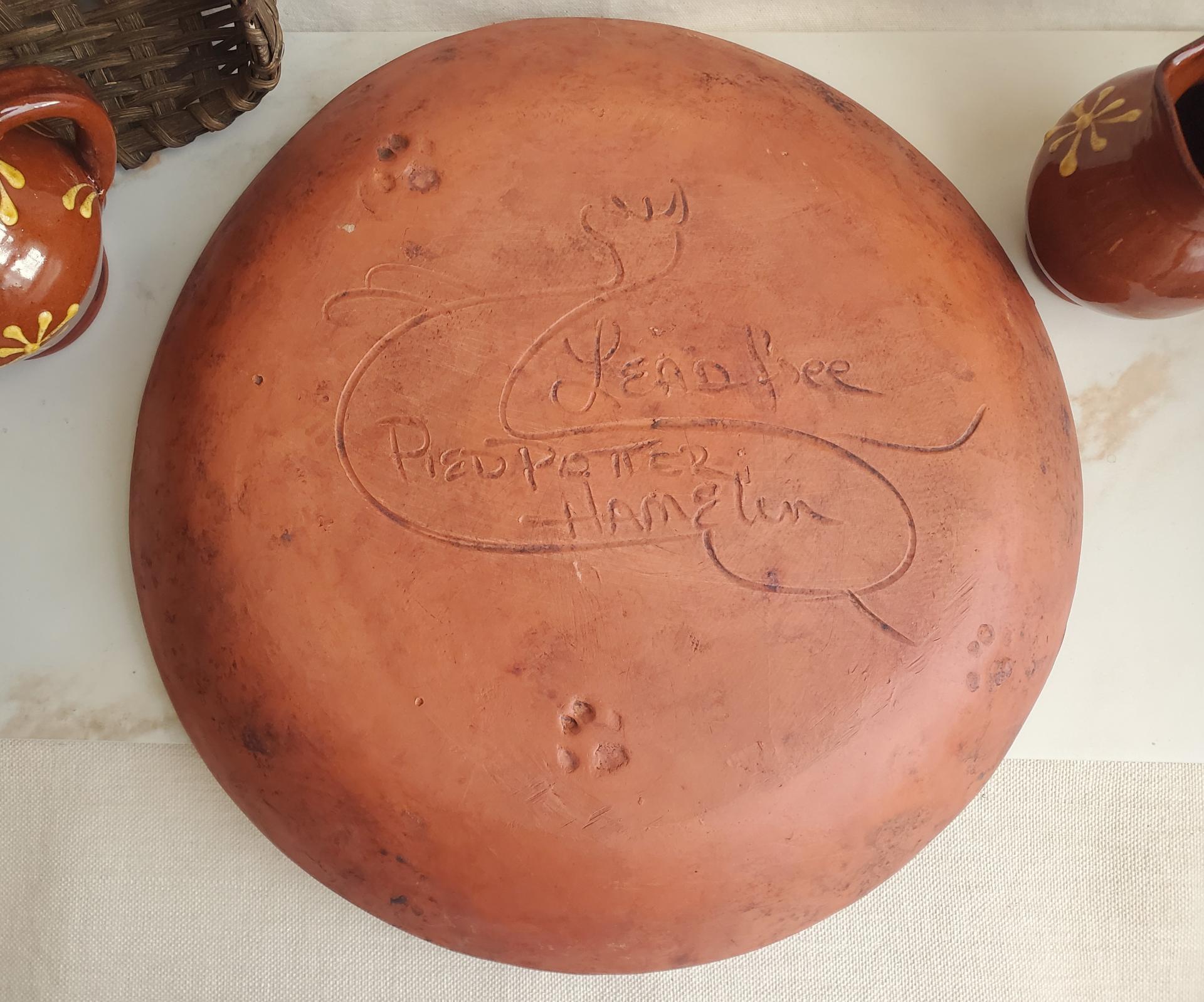 Large Redware Platter, Charger with Slip-Decorated Traditional Pattern