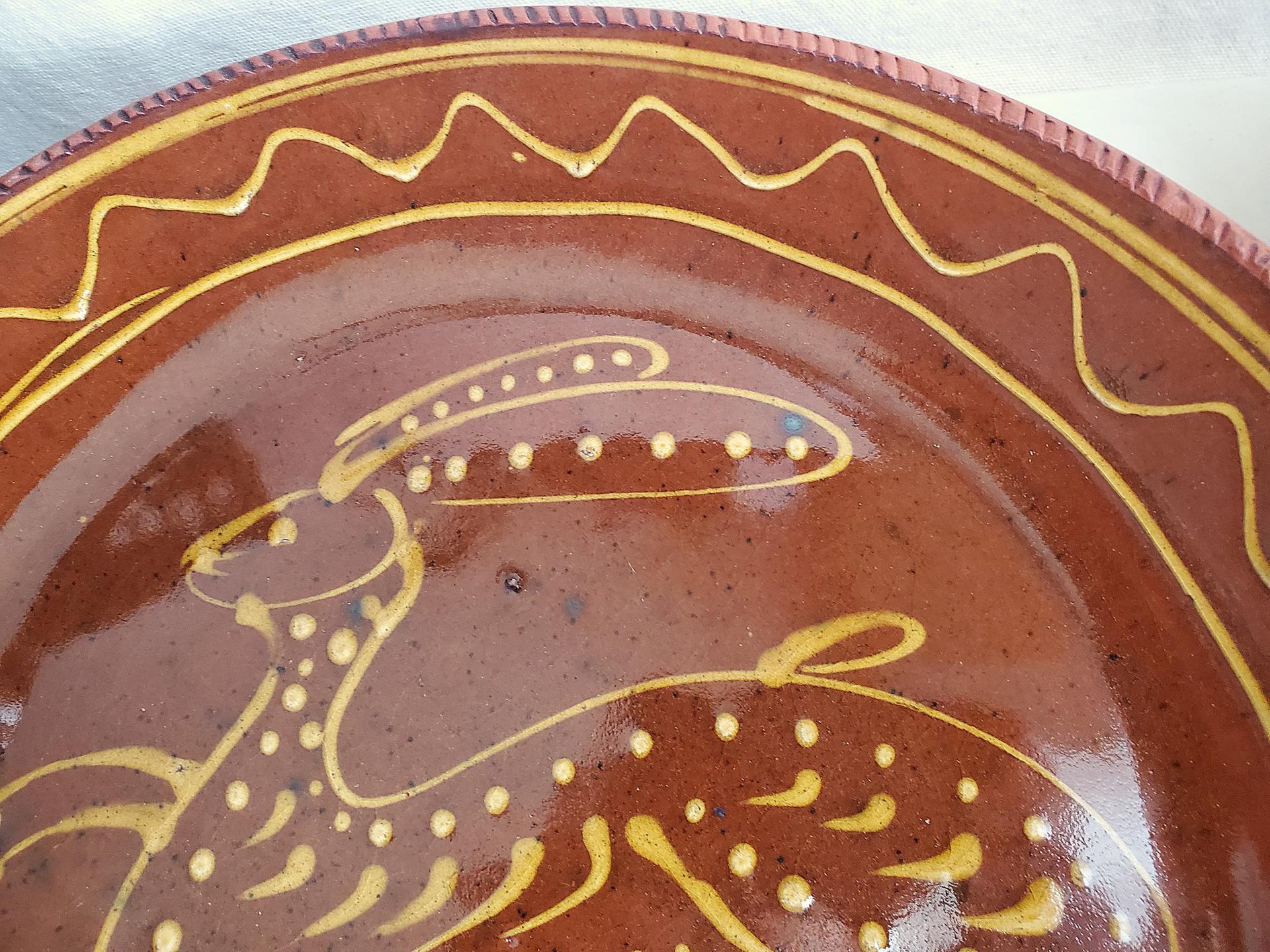 Large Redware Platter, Charger with Slip-Decorated Bunny