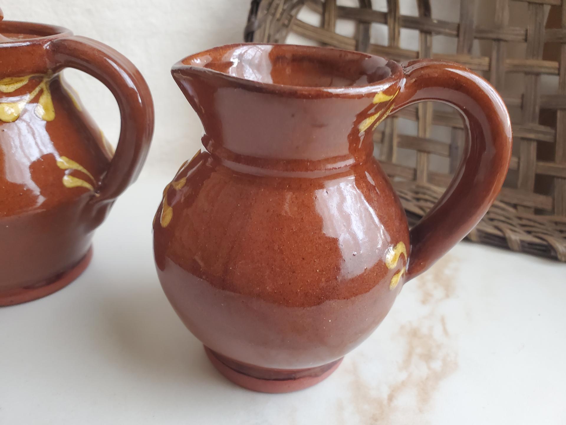 Redware Sugar and Creamer Set with Slip Motif