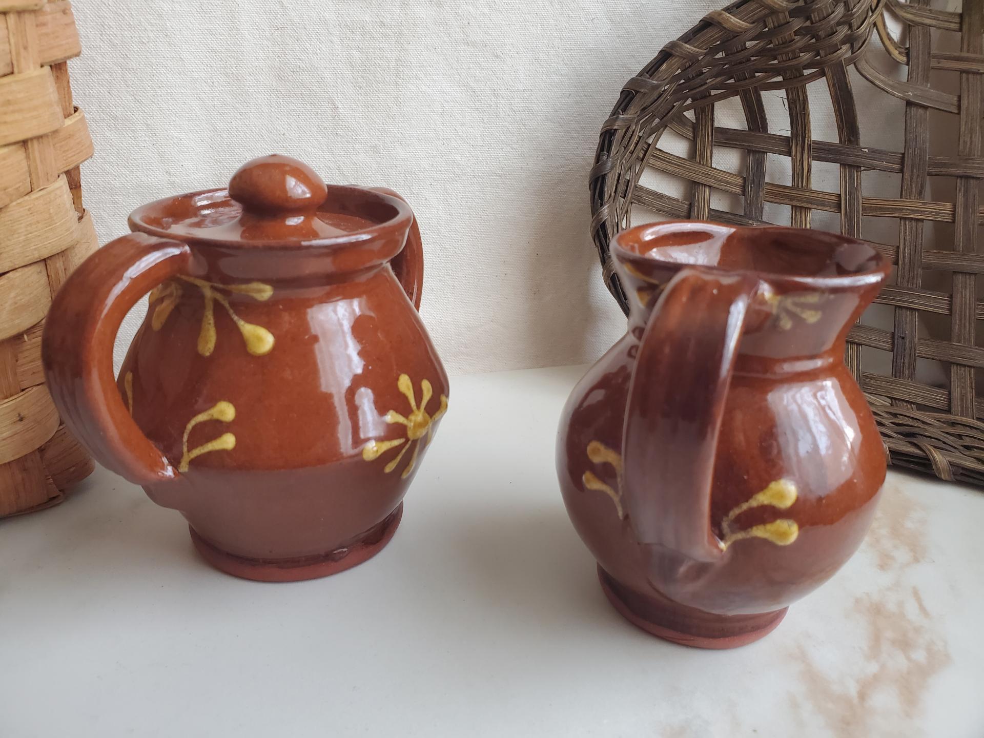 Redware Sugar and Creamer Set with Slip Motif