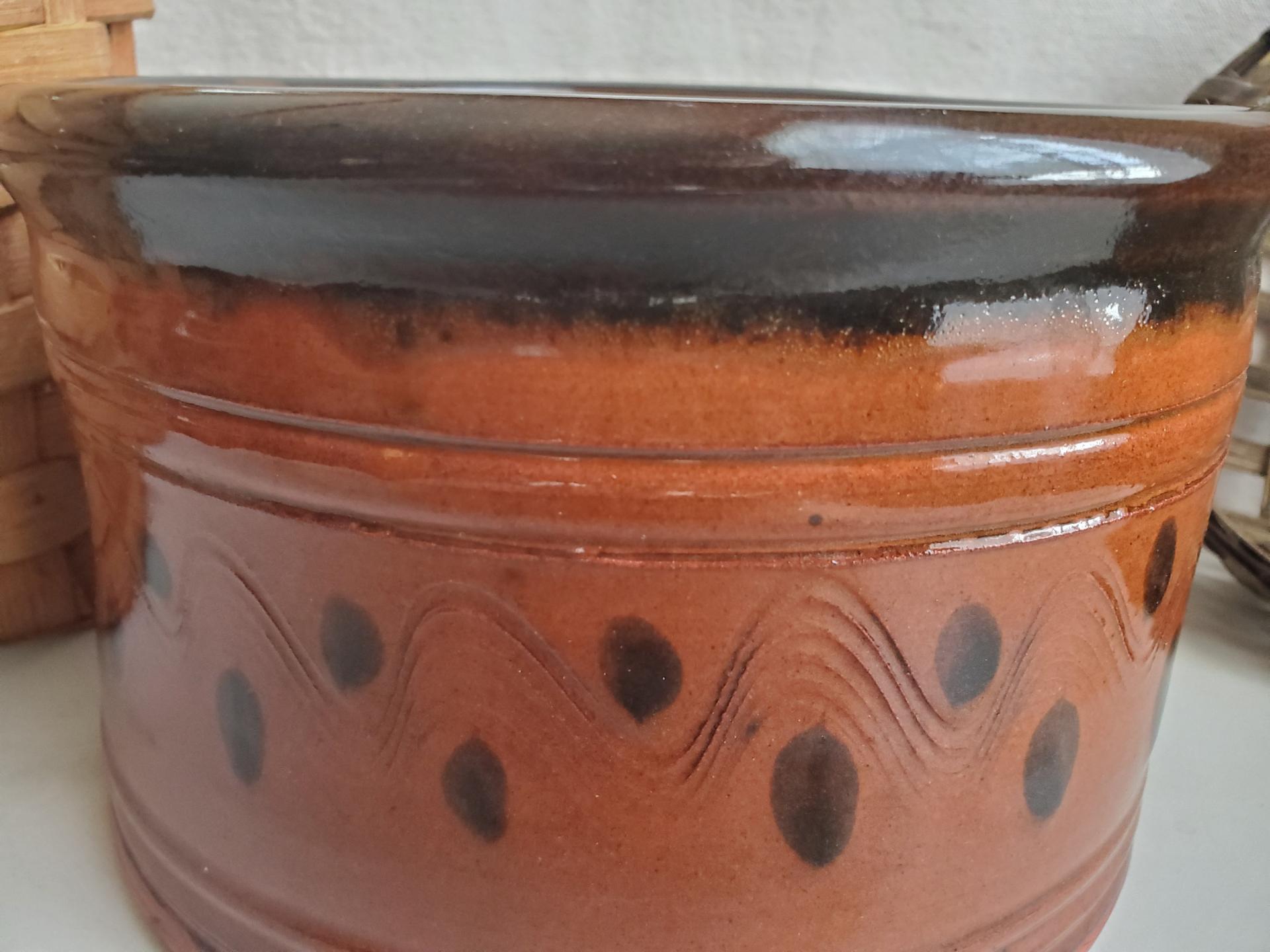 Large Redware Pet Food Bowl with Stainless Steel Insert, Black Splotches