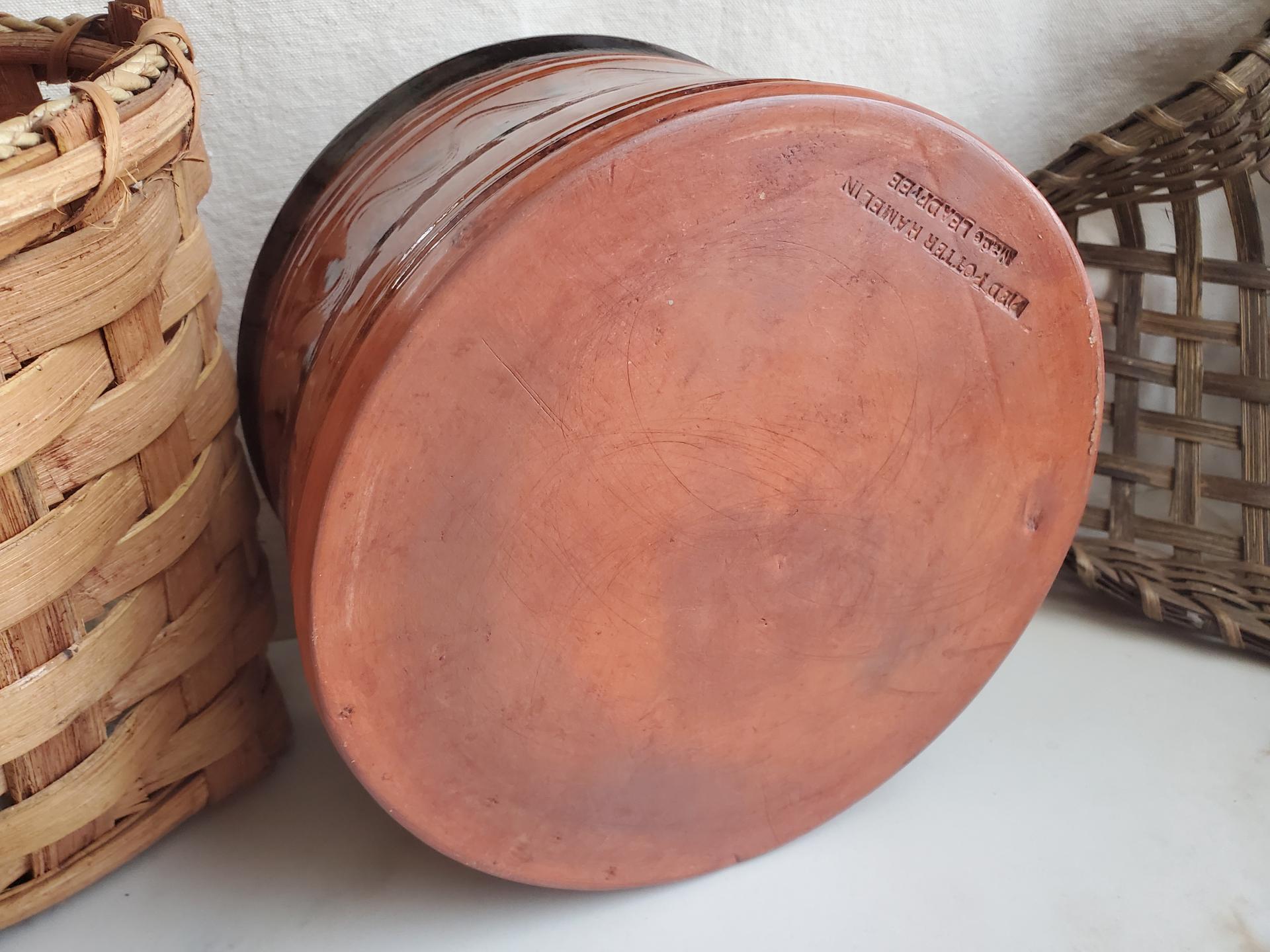 Large Redware Pet Food Bowl with Stainless Steel Insert, Black Splotches