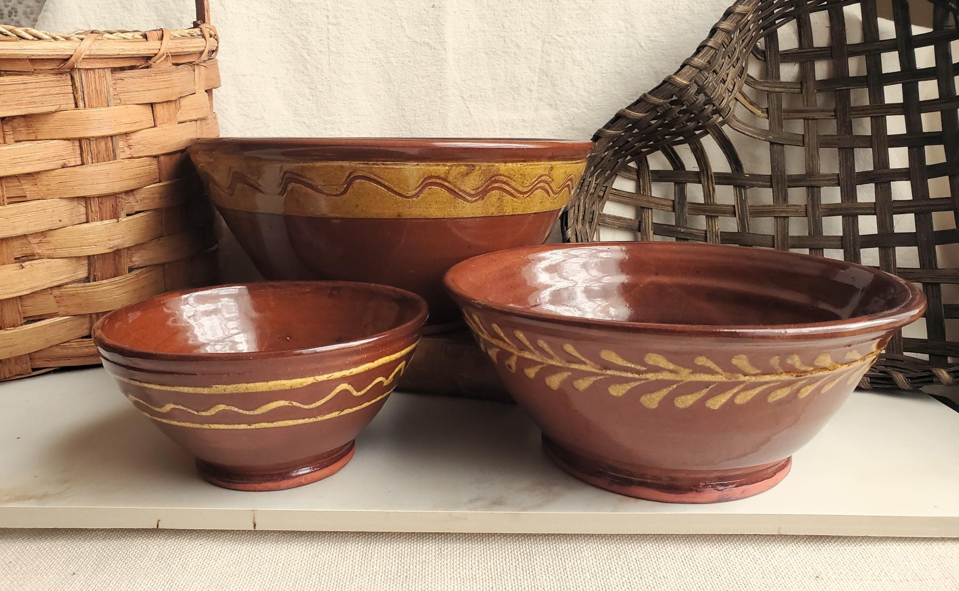 Redware Nesting Bowls (3), Various Slipware Motifs, Antique Finish