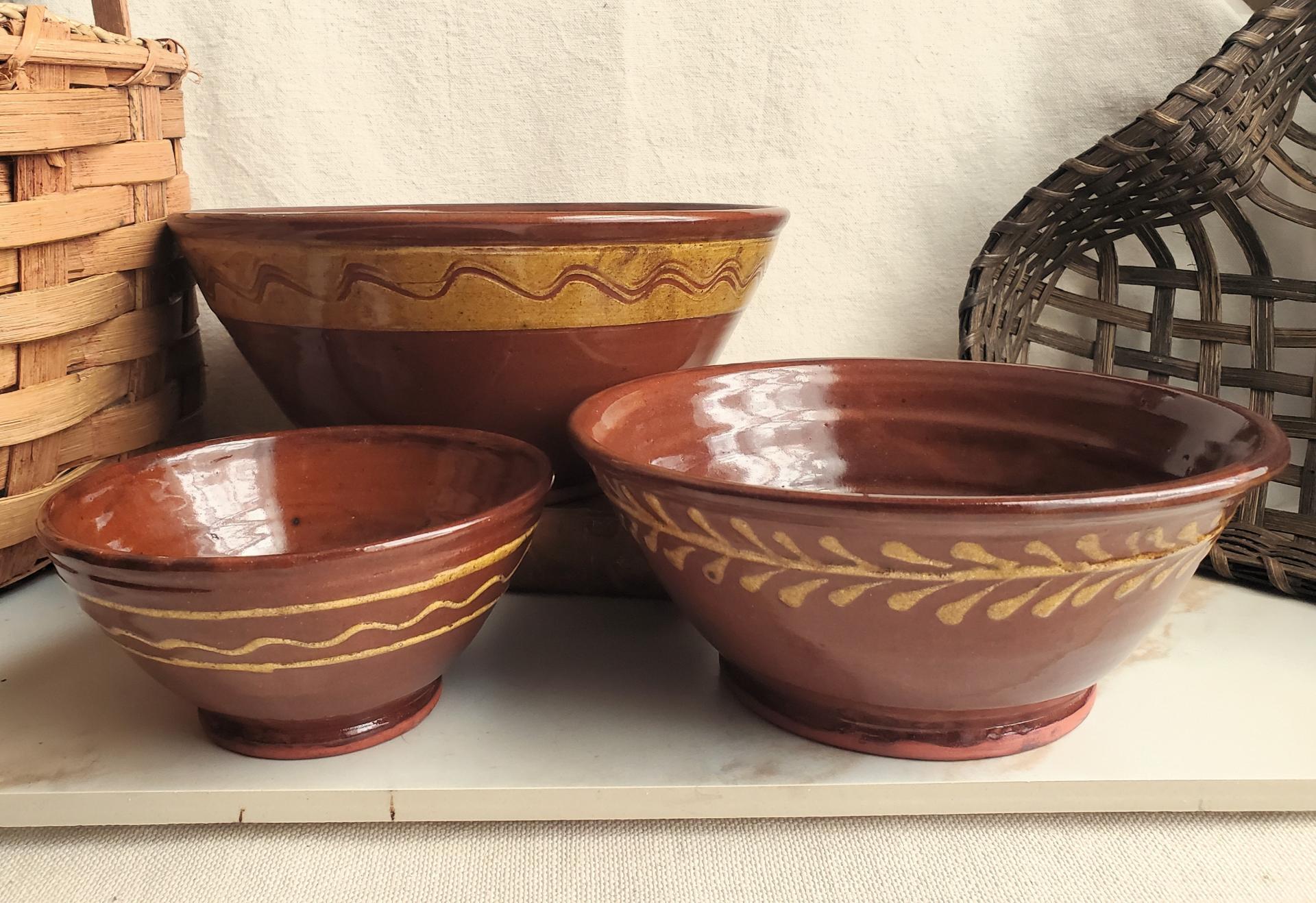 Redware Nesting Bowls (3), Various Slipware Motifs, Antique Finish