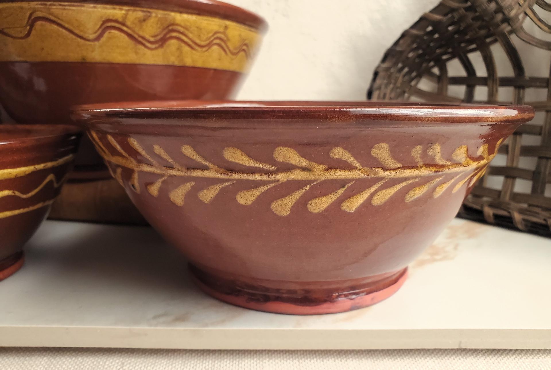 Redware Nesting Bowls (3), Various Slipware Motifs, Antique Finish