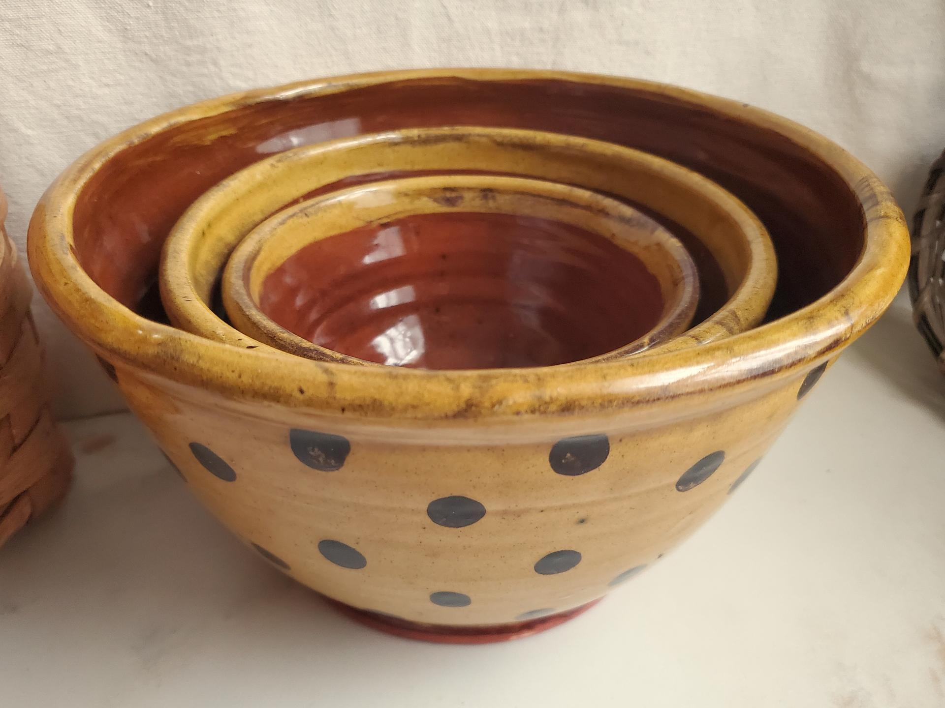 Redware Nesting Bowls (3), Black Dots, Glazed and Antiqued