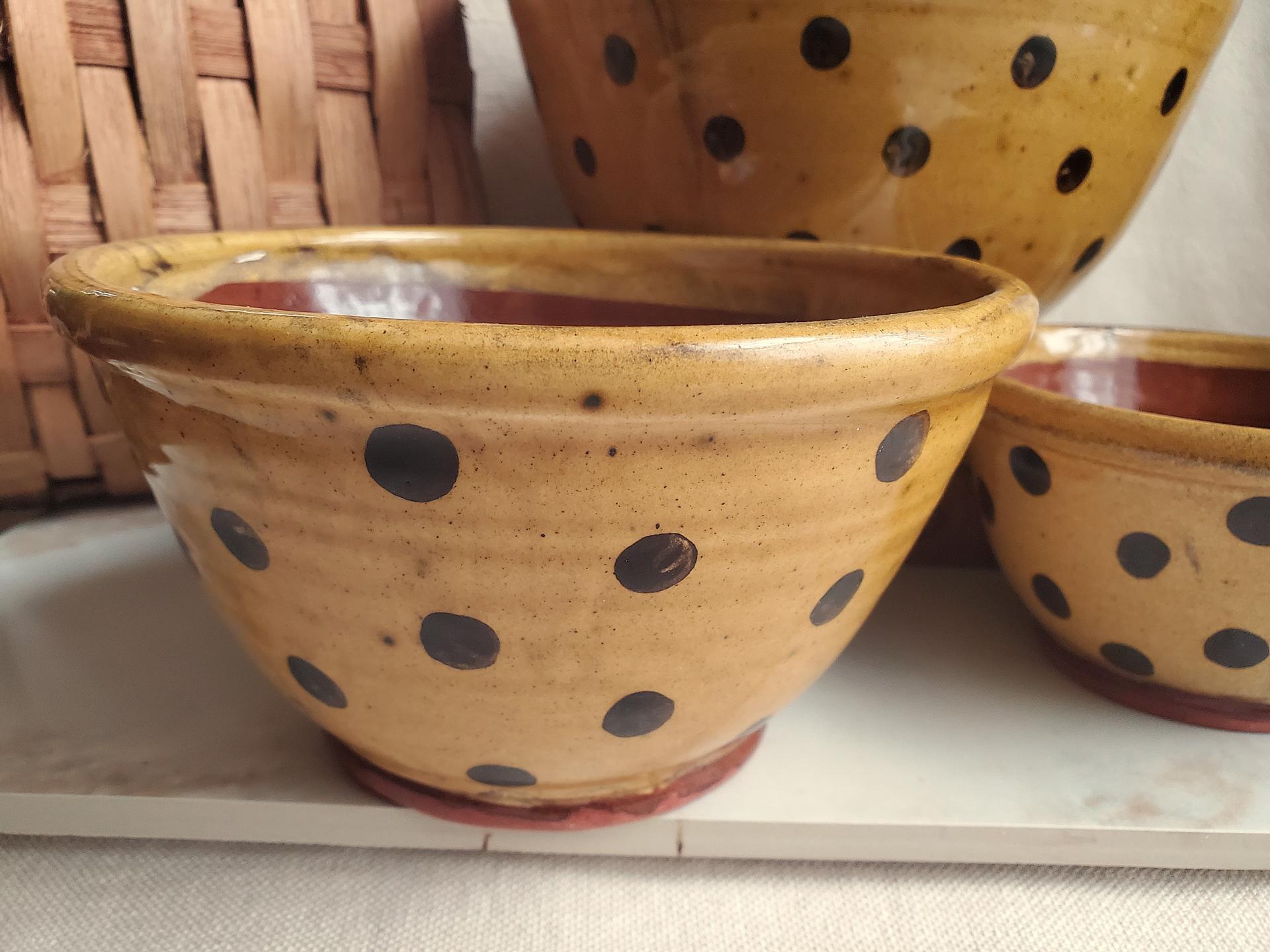 Redware Nesting Bowls (3), Black Dots, Glazed and Antiqued