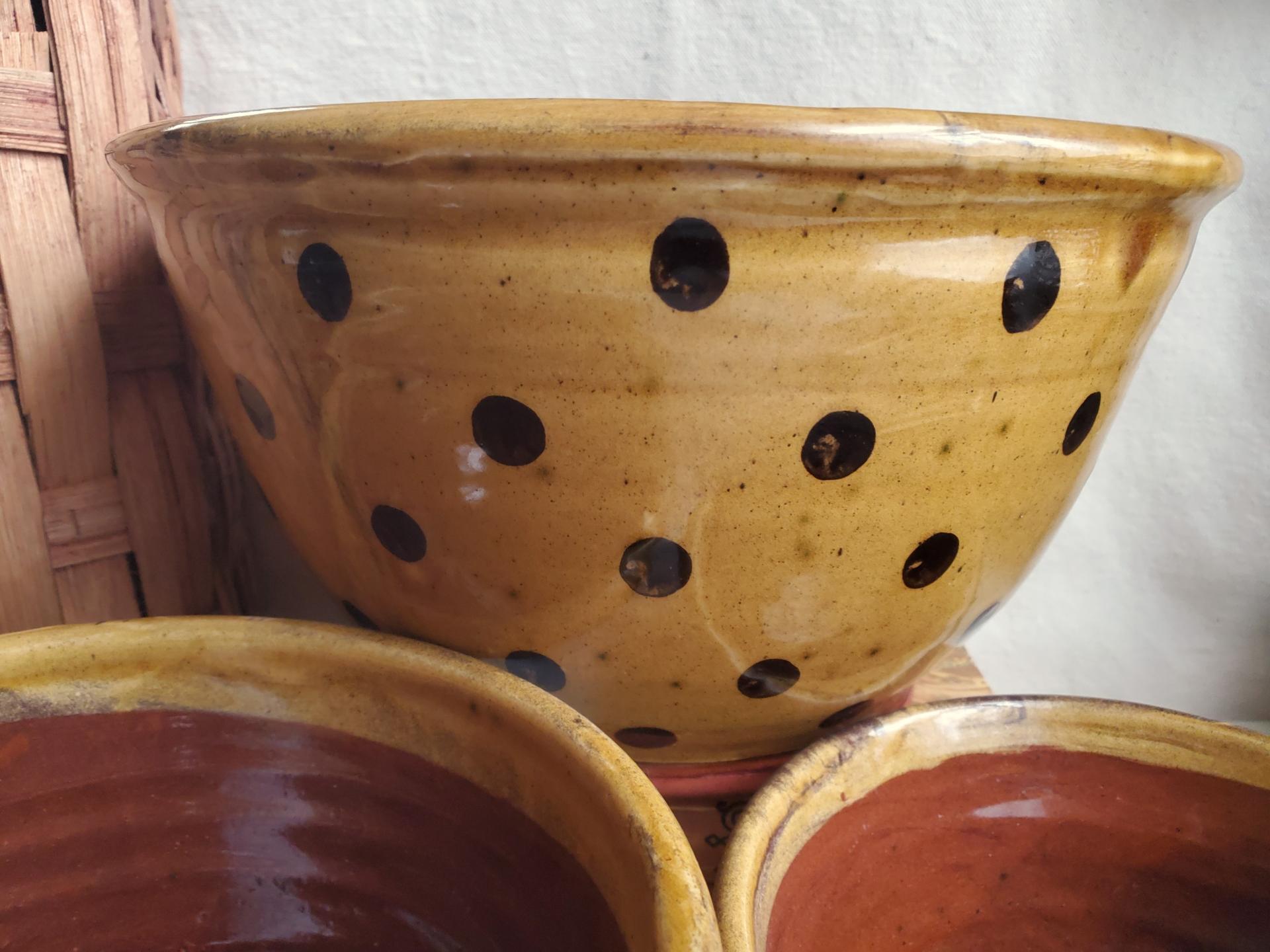 Redware Nesting Bowls (3), Black Dots, Glazed and Antiqued