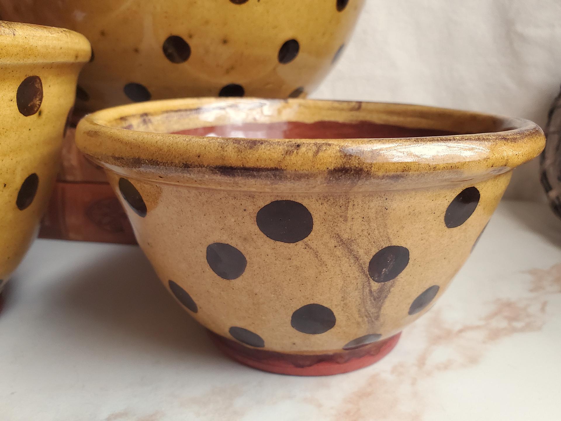Redware Nesting Bowls (3), Black Dots, Glazed and Antiqued