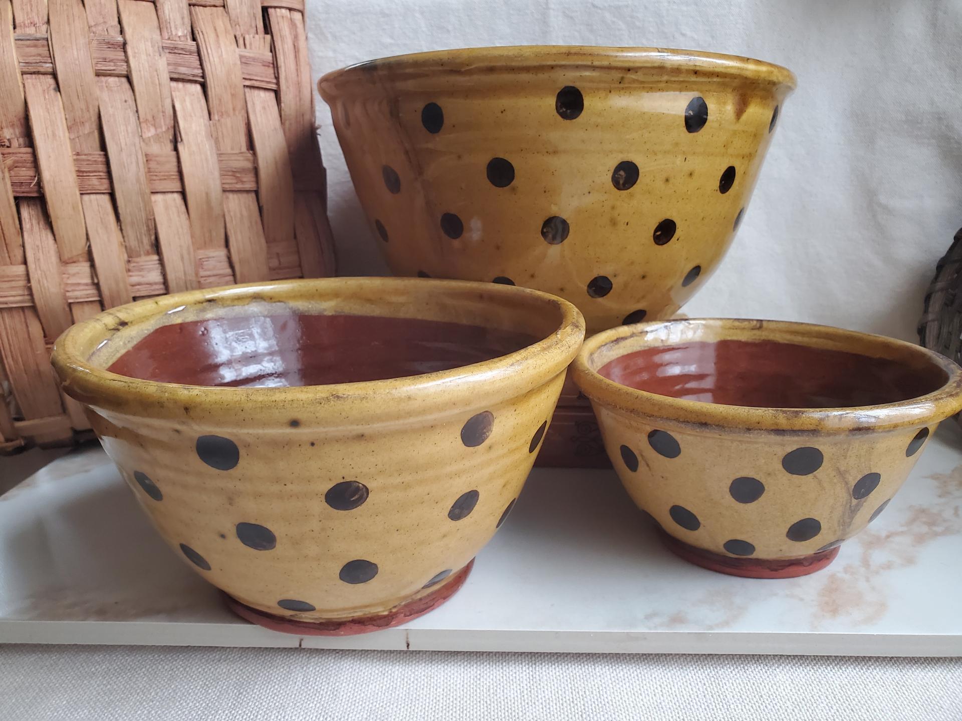 Redware Nesting Bowls (3), Black Dots, Glazed and Antiqued