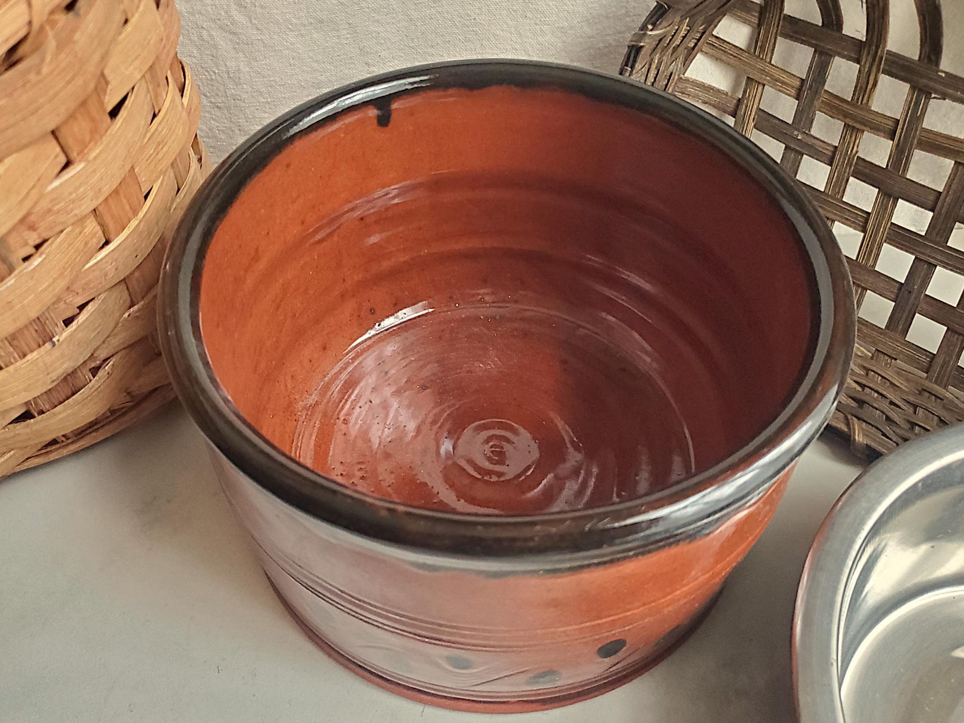 Large Redware Pet Food Bowl with Stainless Steel Insert, Black Splotches