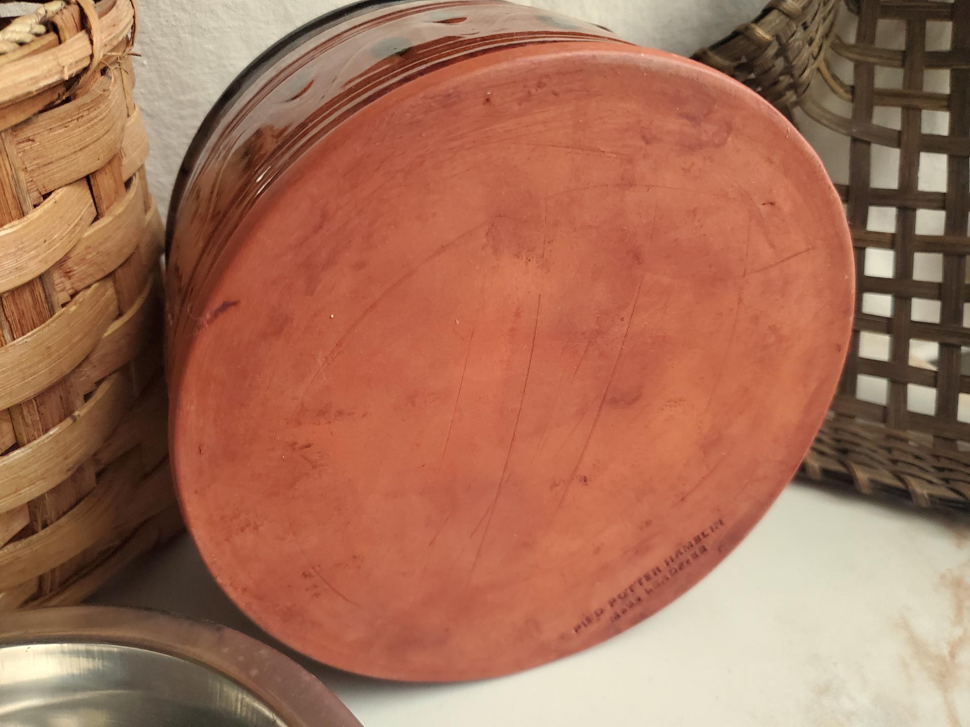 Large Redware Pet Food Bowl with Stainless Steel Insert, Black Splotches