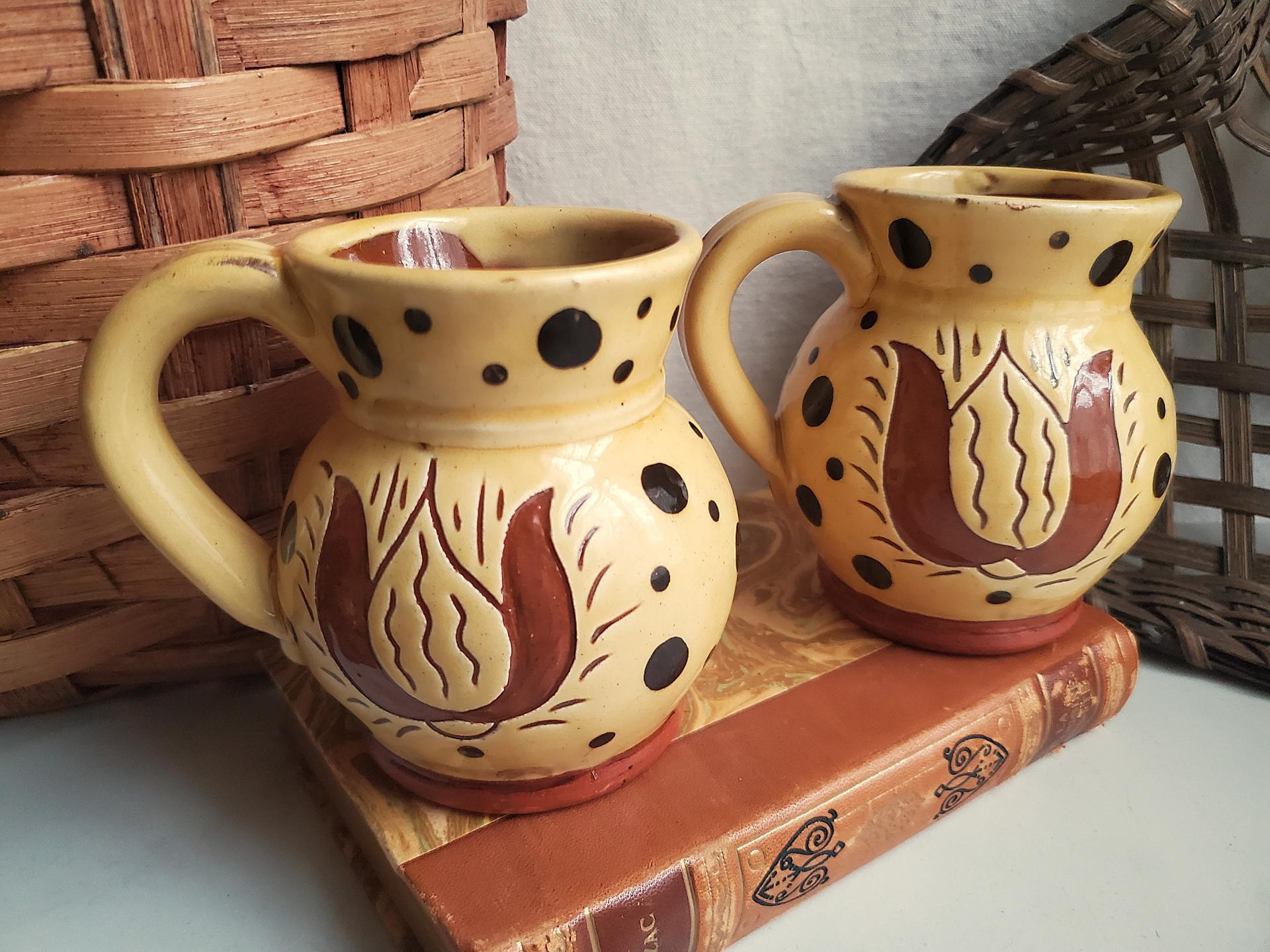 Sgraffito Redware Mugs (2) with Black Dots