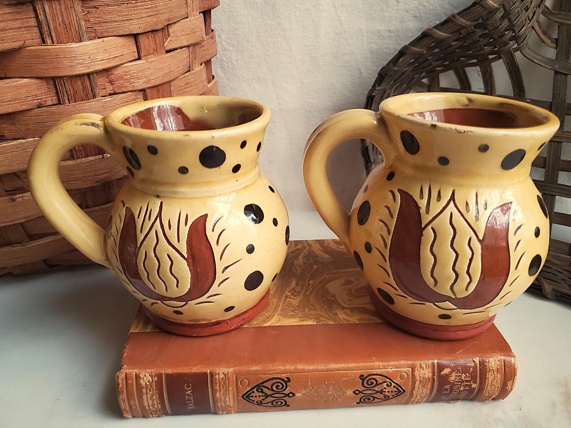 Sgraffito Redware Mugs (2) with Black Dots