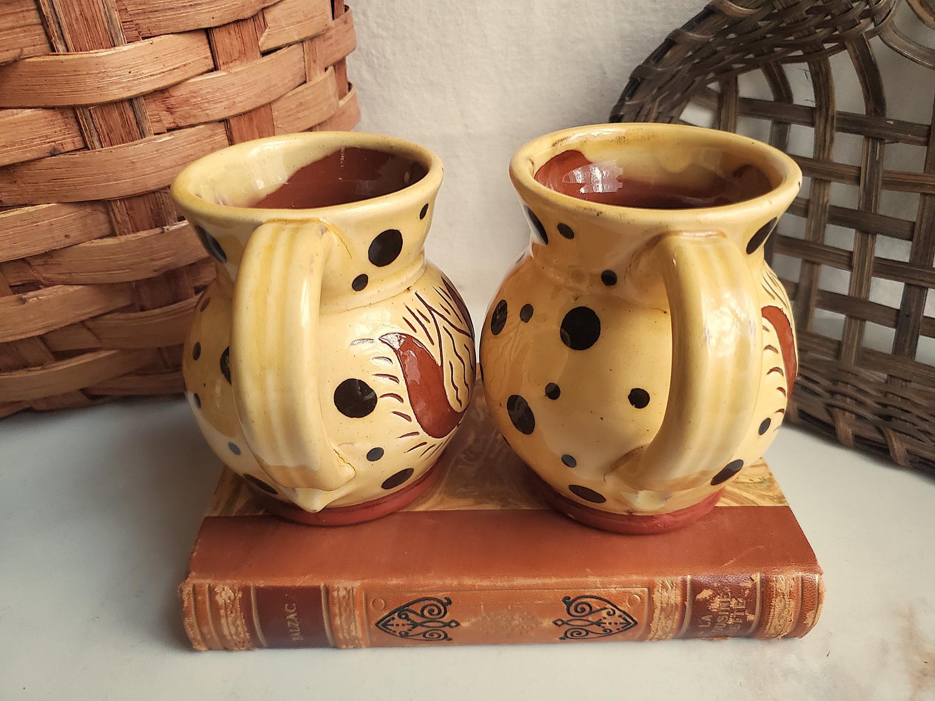 Sgraffito Redware Mugs (2) with Black Dots