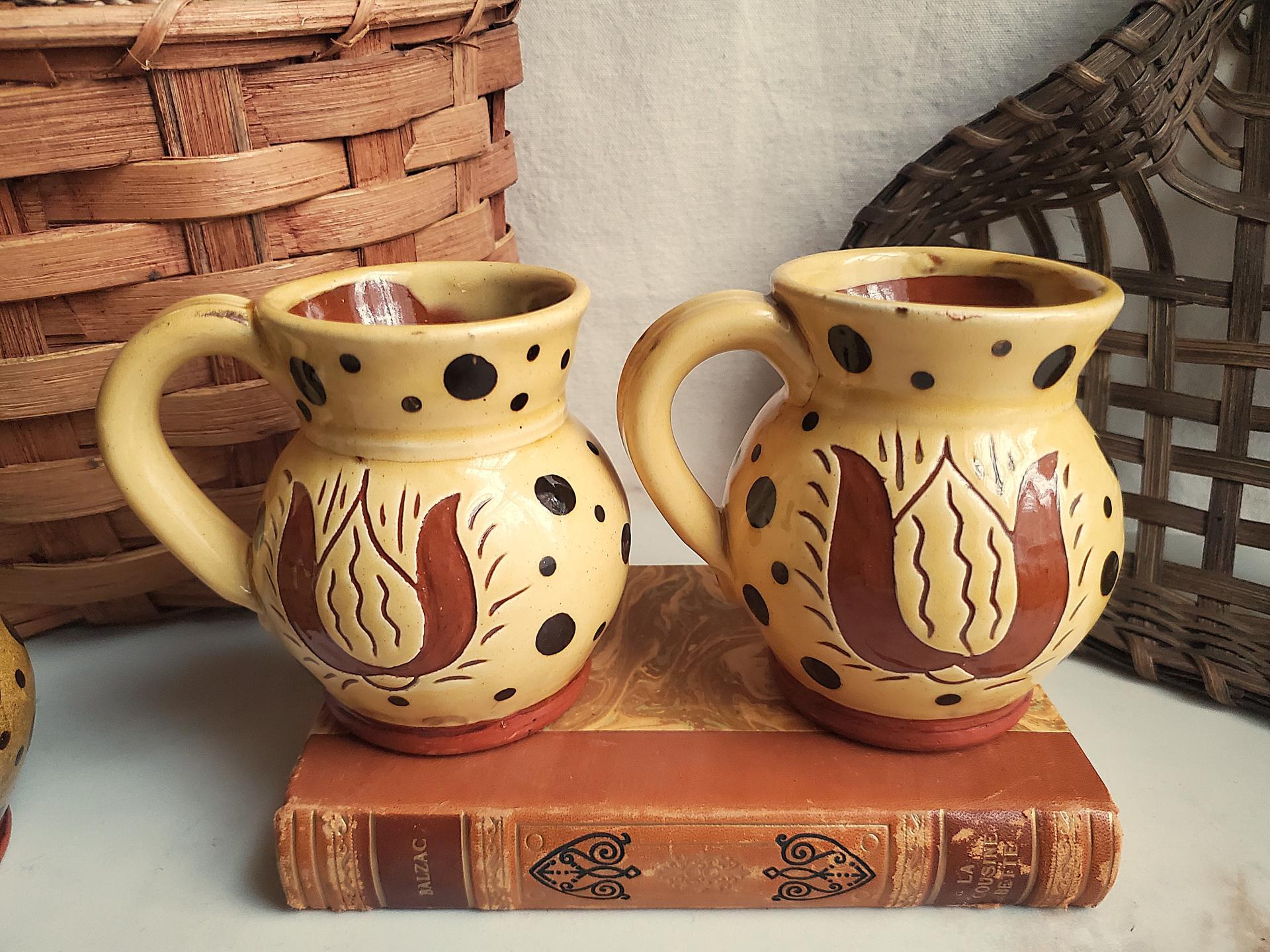 Sgraffito Redware Mugs (2) with Black Dots