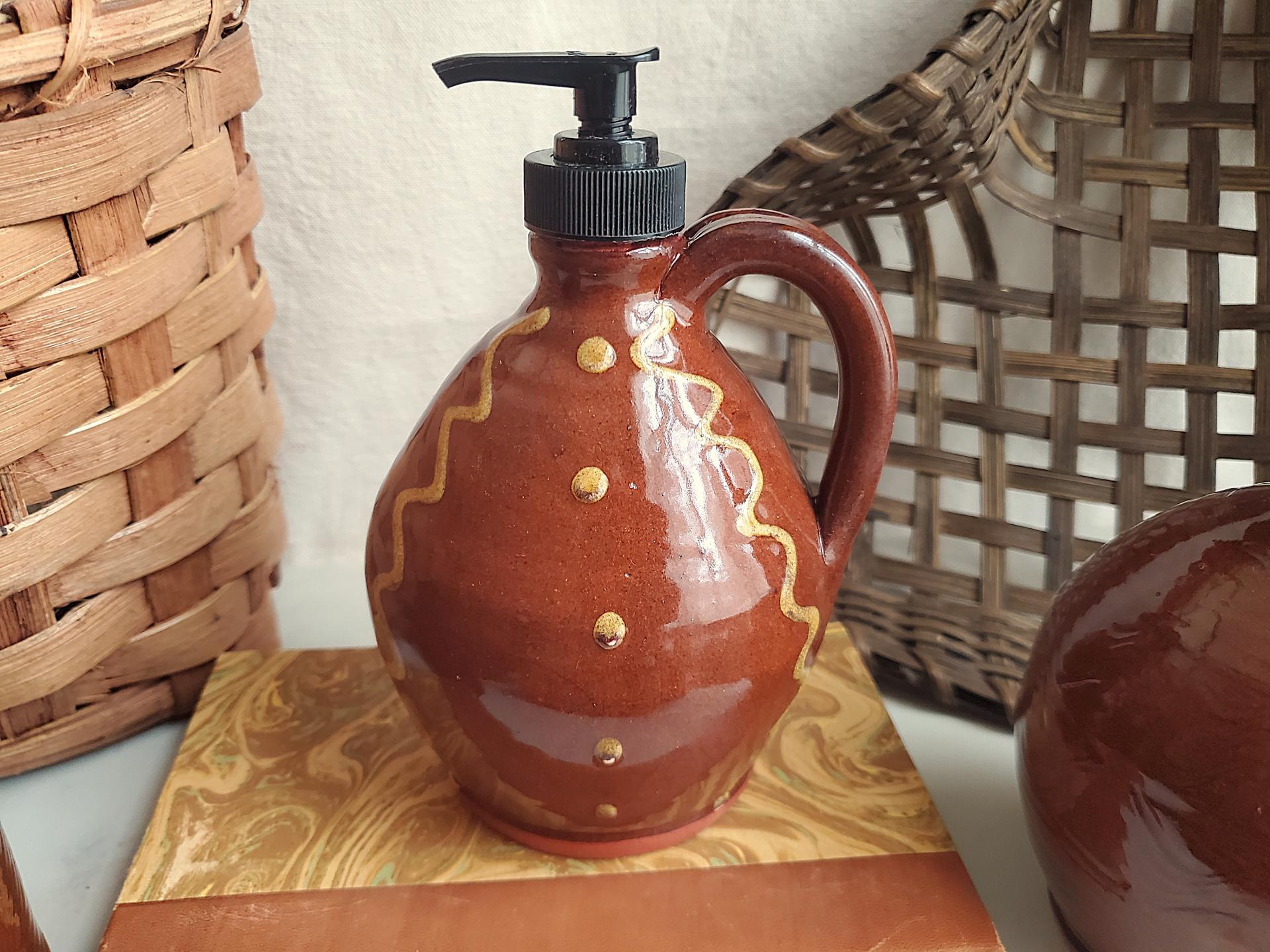 Redware Soap/Lotion Dispenser Jug with Squiggles and Dots Pattern