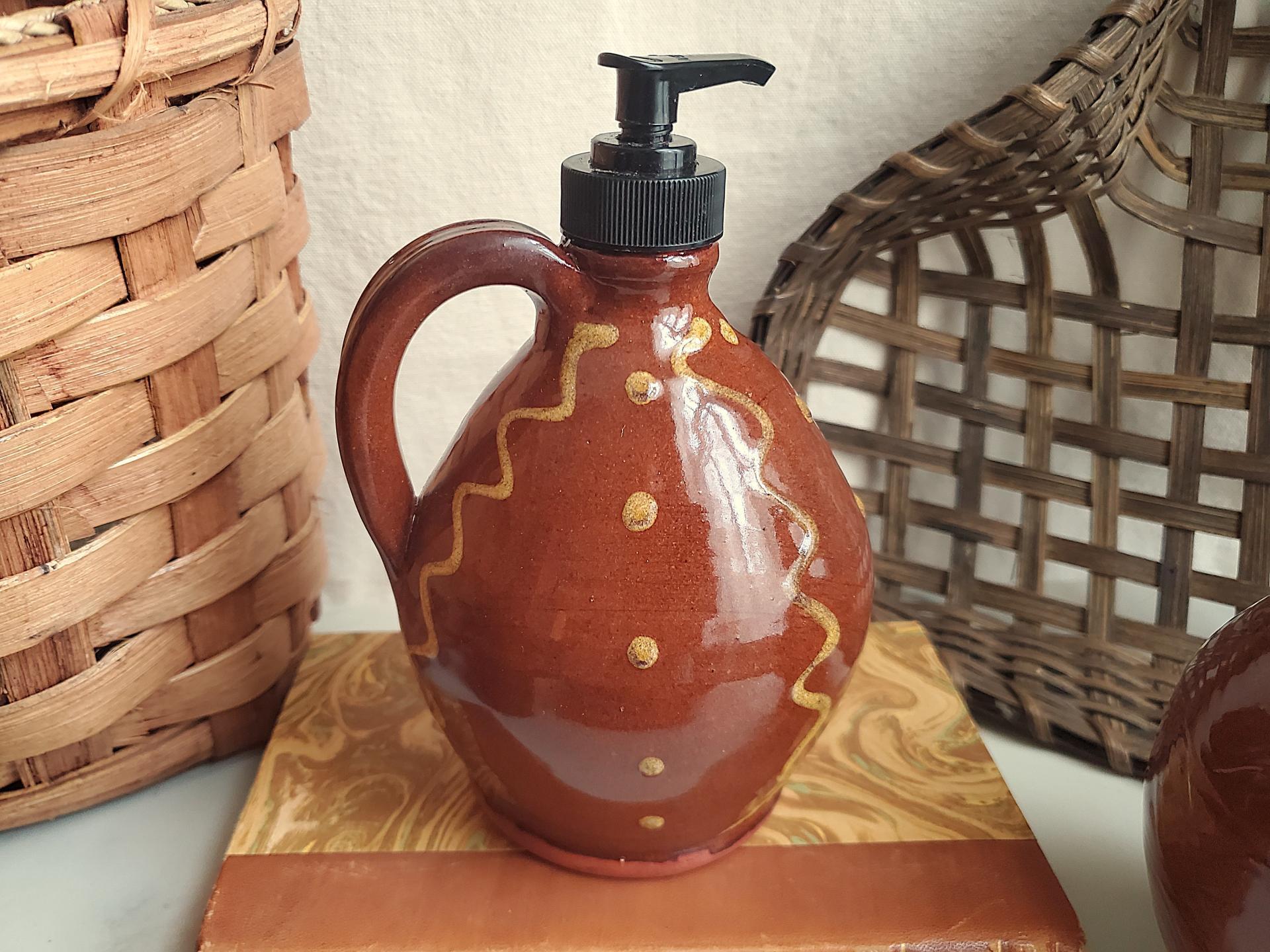 Redware Soap/Lotion Dispenser Jug with Squiggles and Dots Pattern